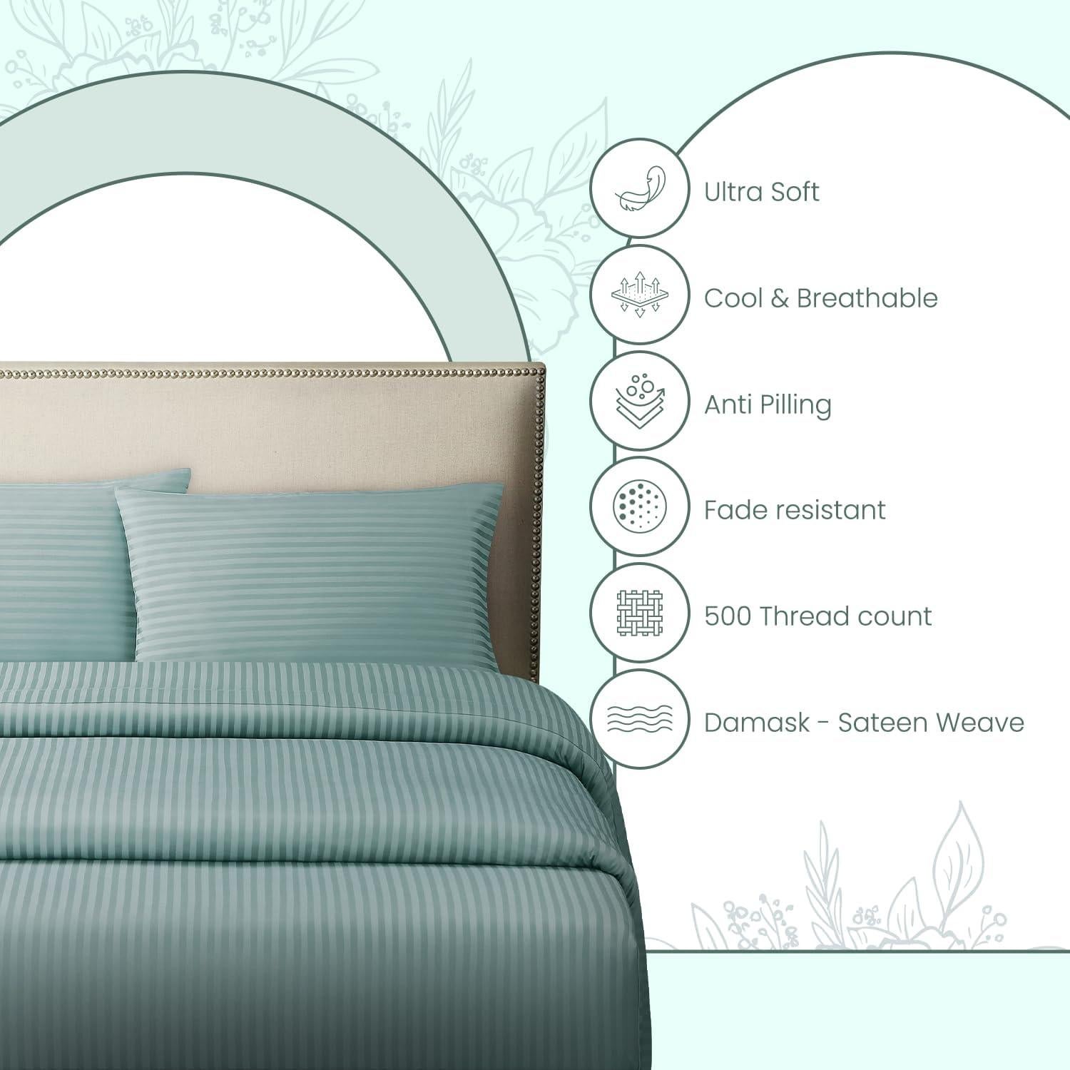 Feather & Stitch 500 TC King Size Damask Bed Sheet Set, 100% Cotton Soft Breathable Bedsheets, 4 Piece 18" Deep Pockets Sateen Weave Striped Bedding Mattress Resort Hotel Luxury - (Granite Green)