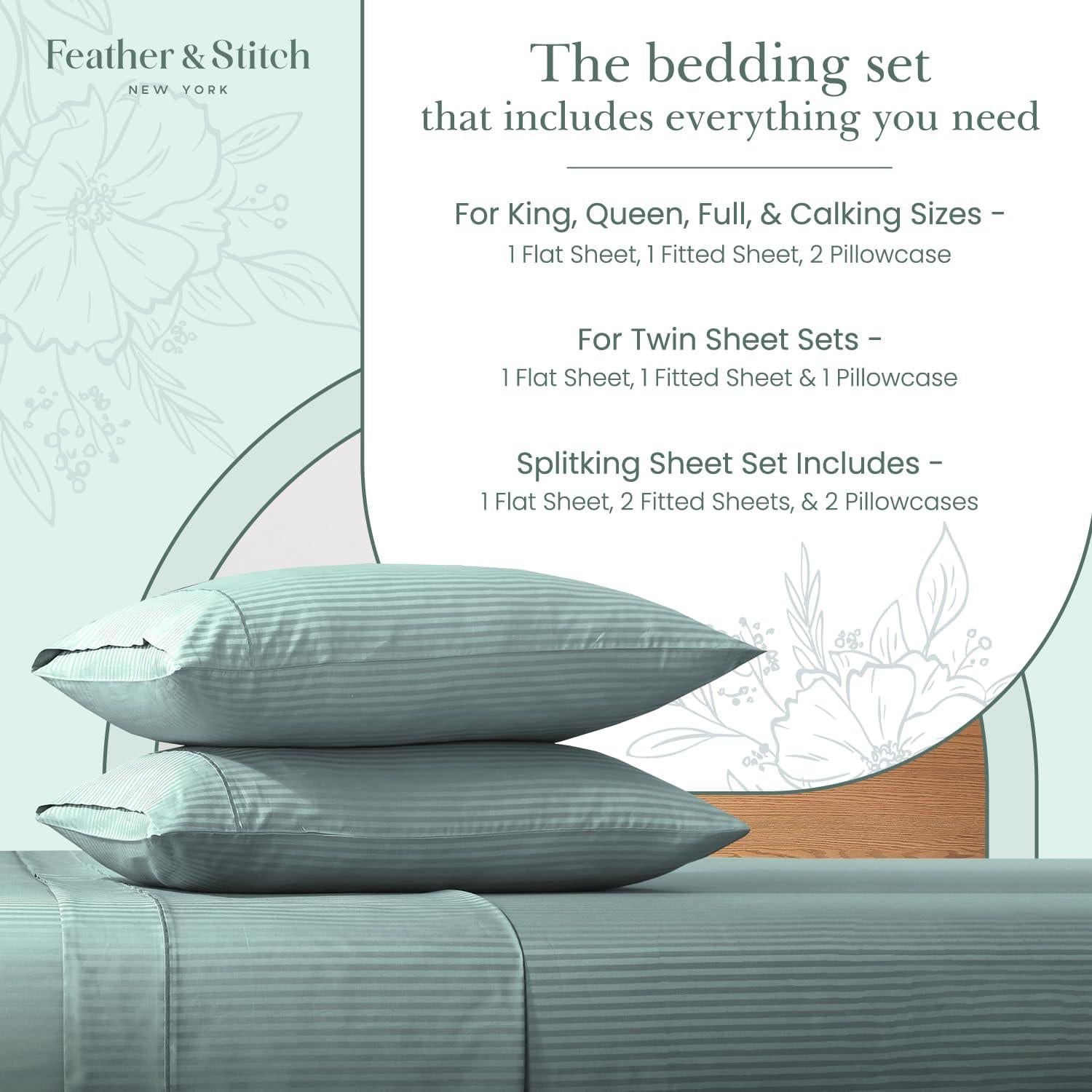 Feather & Stitch 500 TC King Size Damask Bed Sheet Set, 100% Cotton Soft Breathable Bedsheets, 4 Piece 18" Deep Pockets Sateen Weave Striped Bedding Mattress Resort Hotel Luxury - (Granite Green)