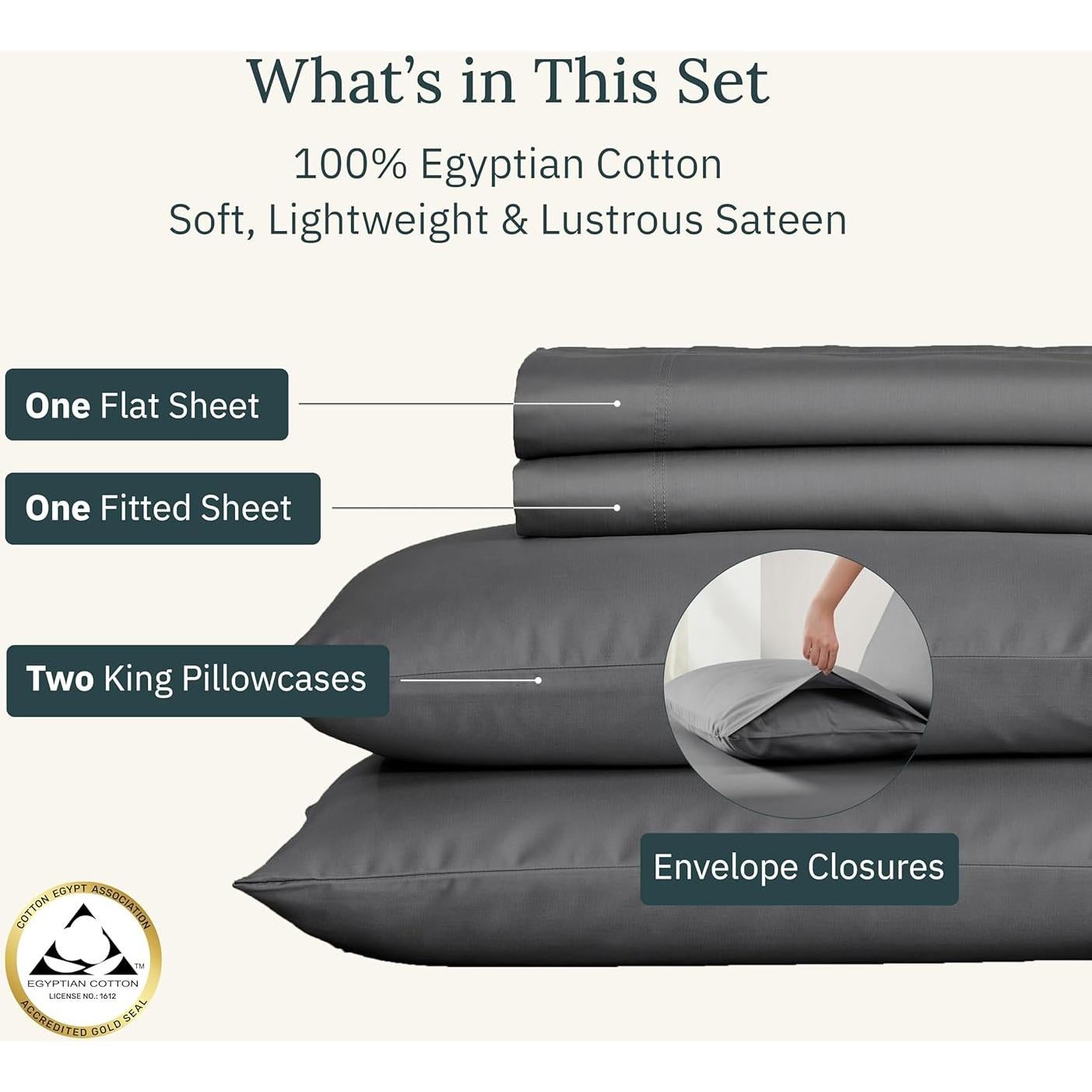 Conjunto de Sábanas King California Design Den 100% Algodón Egipcio Gris