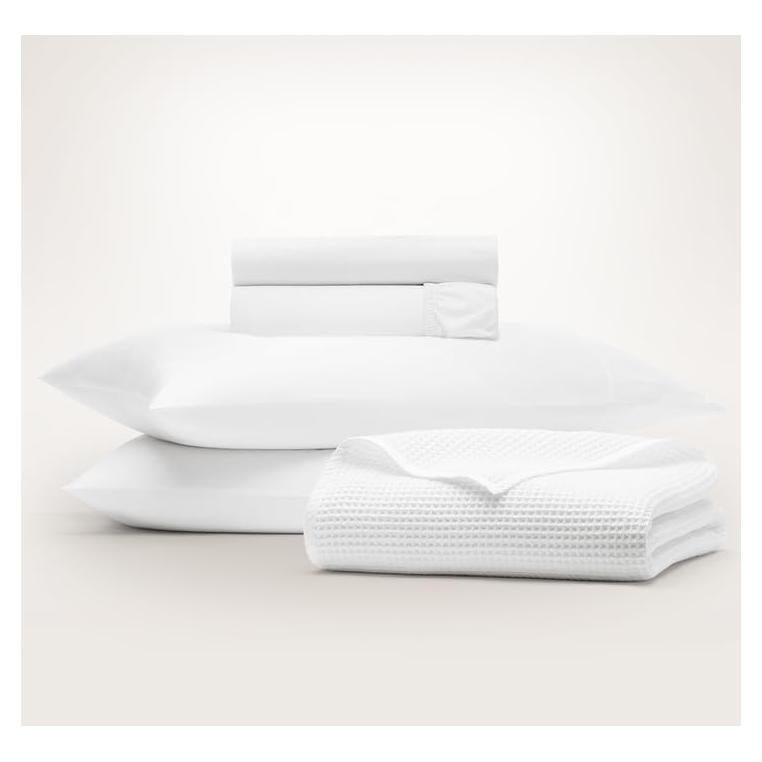 BOLL & BRANCH Waffle & Signature Starter Bundle - 1 Sheet Set, White, Queen - 1 Waffle Blanket, White, Full/Queen - 100% Organic Luxury Cotton