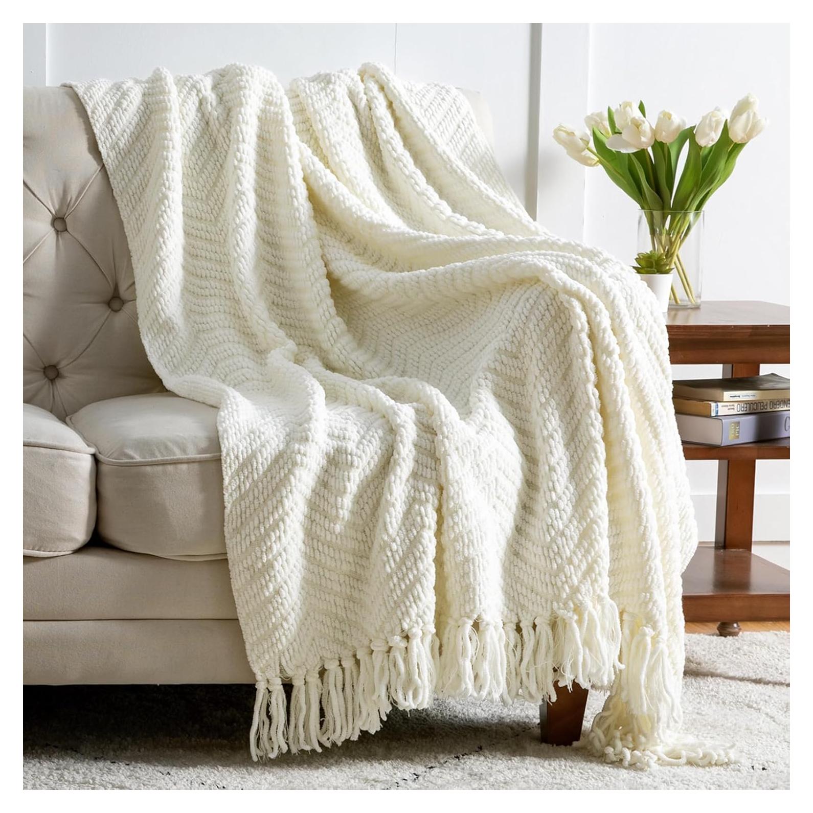 Manta de Lanzar Chenilla Bedsure 127x152 cm Marfil Suave