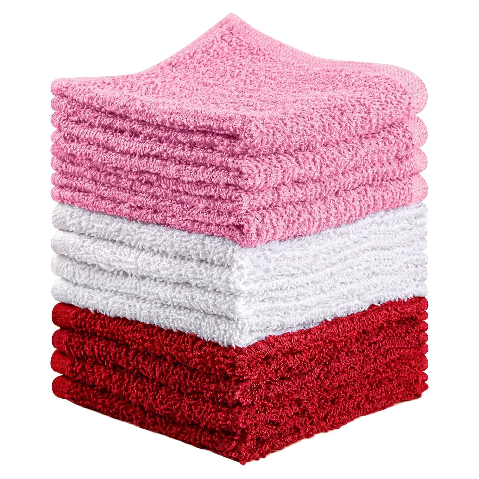 Juego de 12 Paños de Lavado 100% Algodón T & L - Rojo, Blanco y Rosa