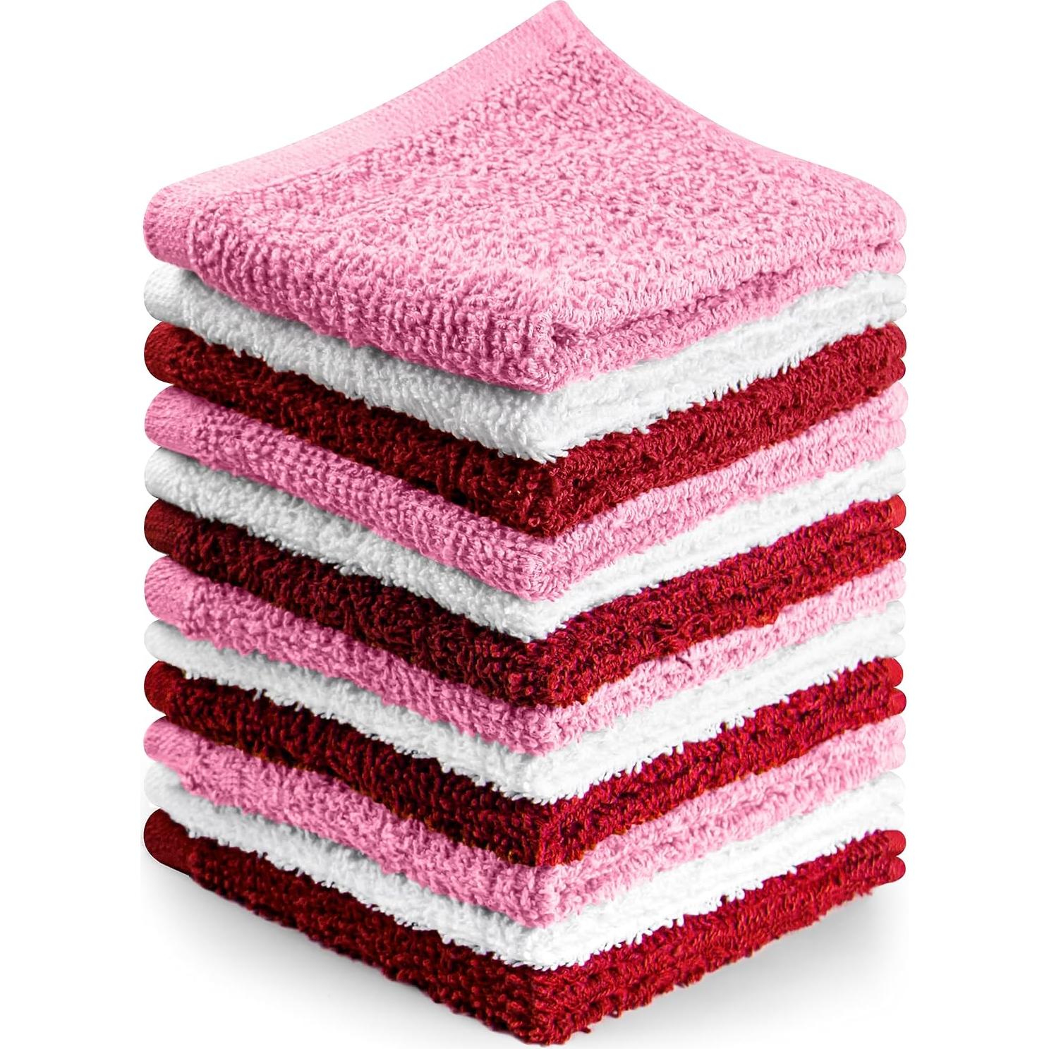 Juego de 12 Paños de Lavado 100% Algodón T & L - Rojo, Blanco y Rosa