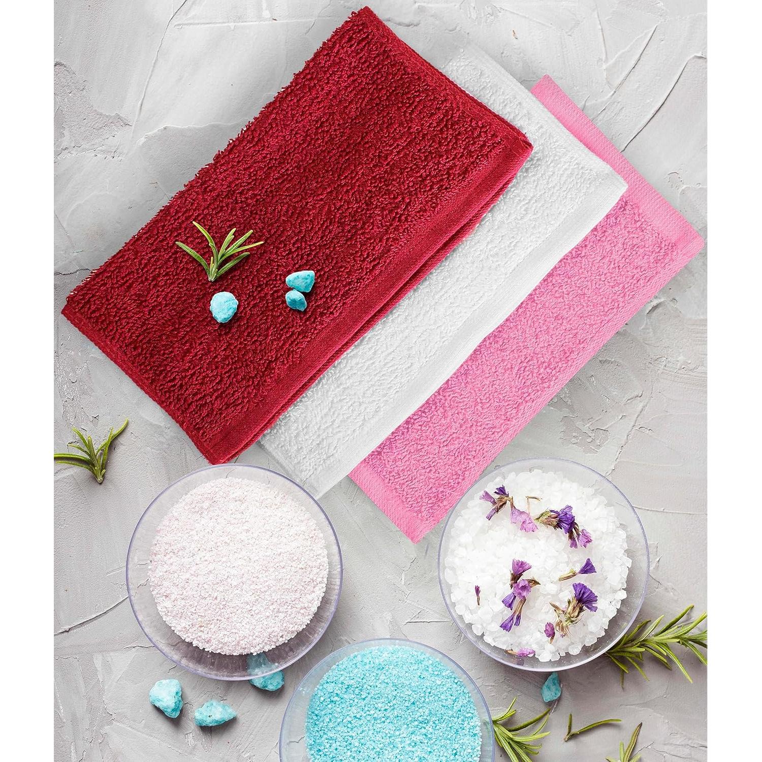 Juego de 12 Paños de Lavado 100% Algodón T & L - Rojo, Blanco y Rosa