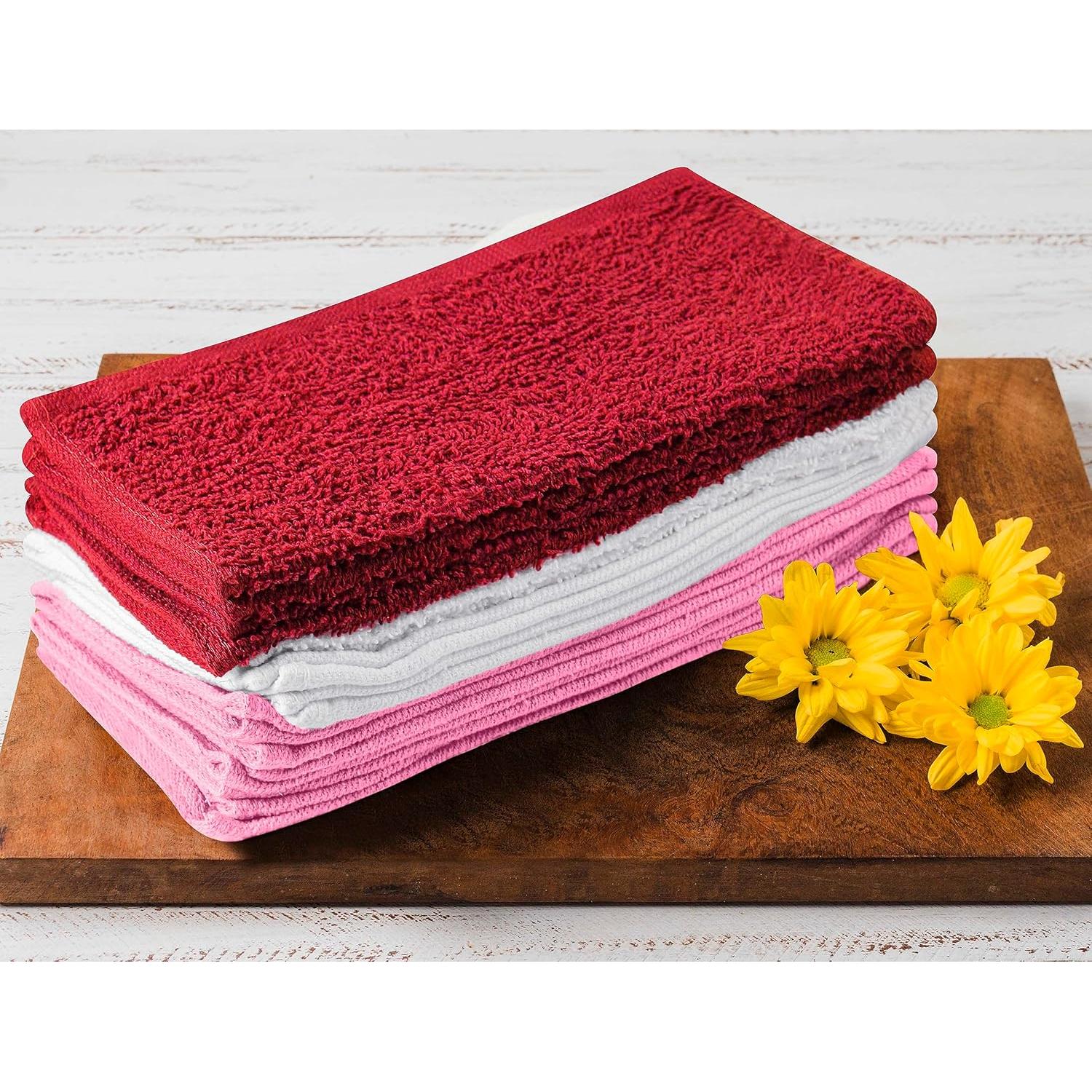 Juego de 12 Paños de Lavado 100% Algodón T & L - Rojo, Blanco y Rosa