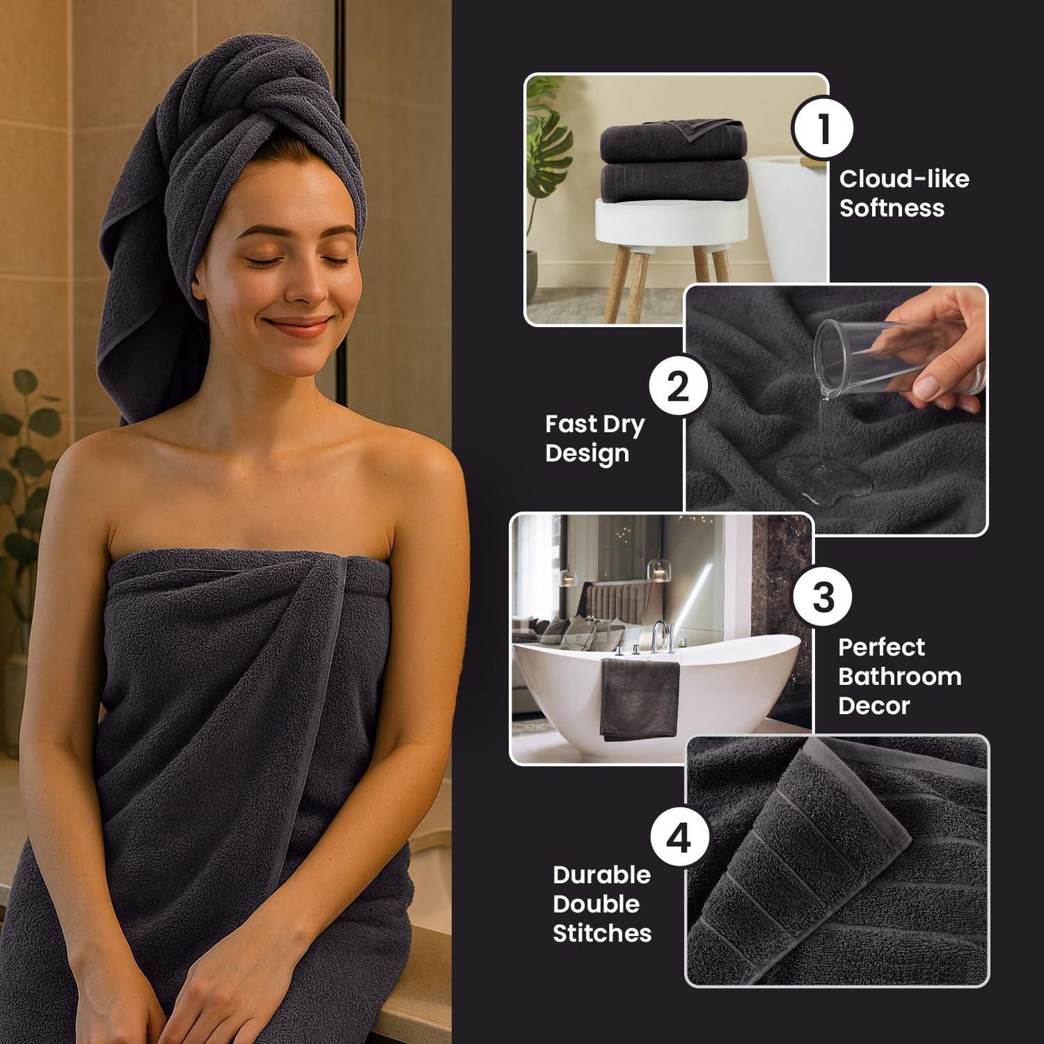 Toallas de Baño Grises CottonsClout - Paquete de 4, 76x152 cm