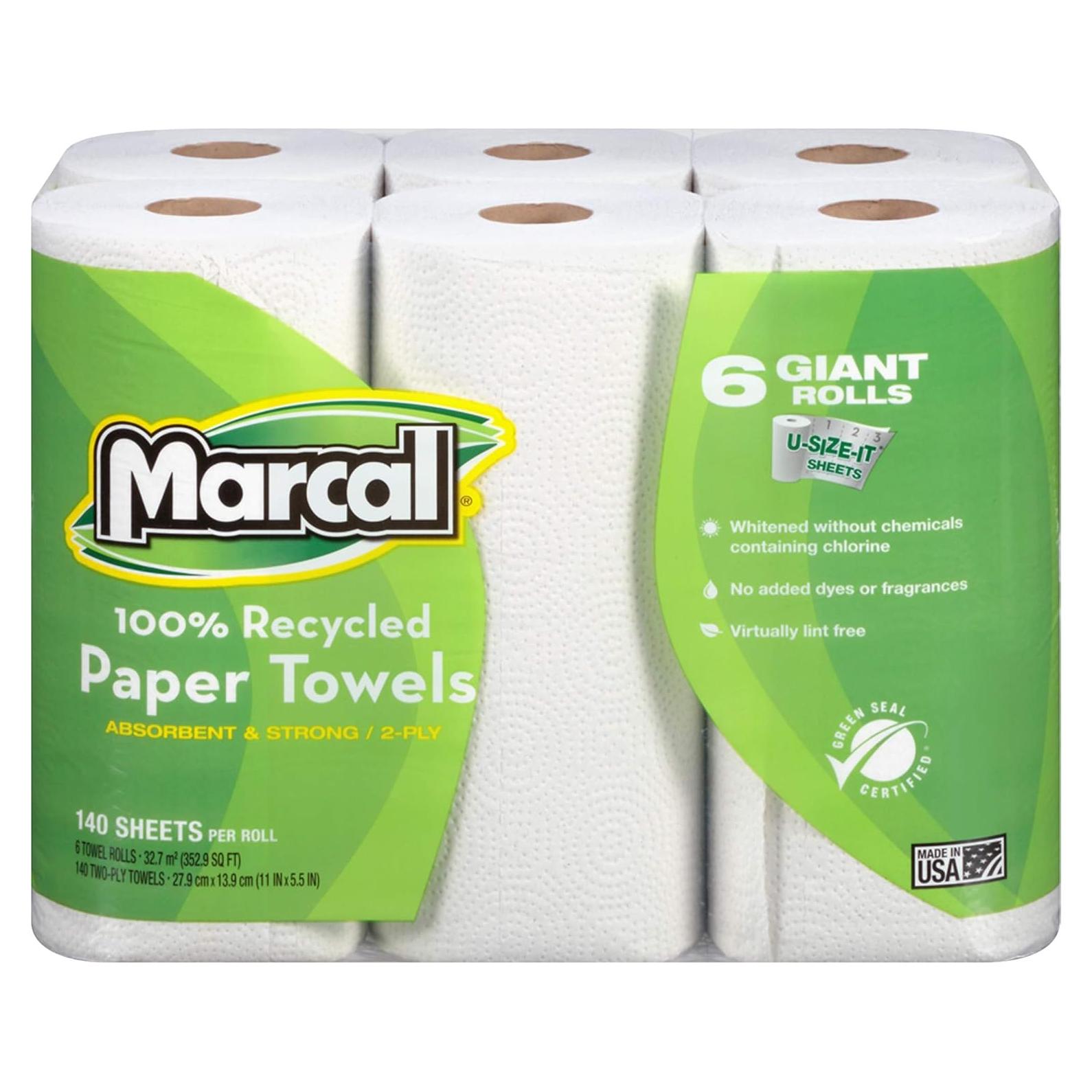 Toallas de Papel Marcal 100% Recicladas 2 Capas 140 Hojas - 24 Rollos