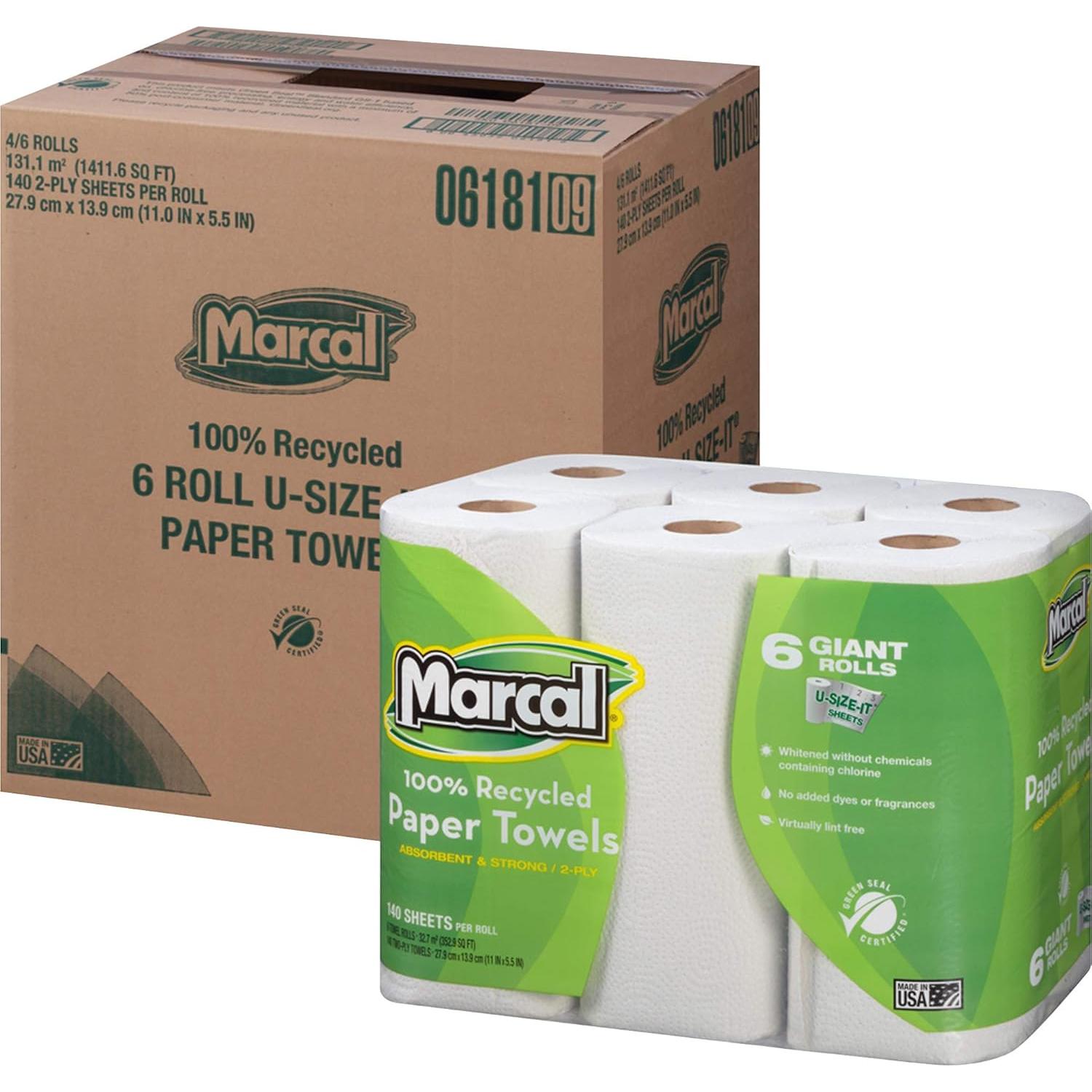 Toallas de Papel Marcal 100% Recicladas 2 Capas 140 Hojas - 24 Rollos