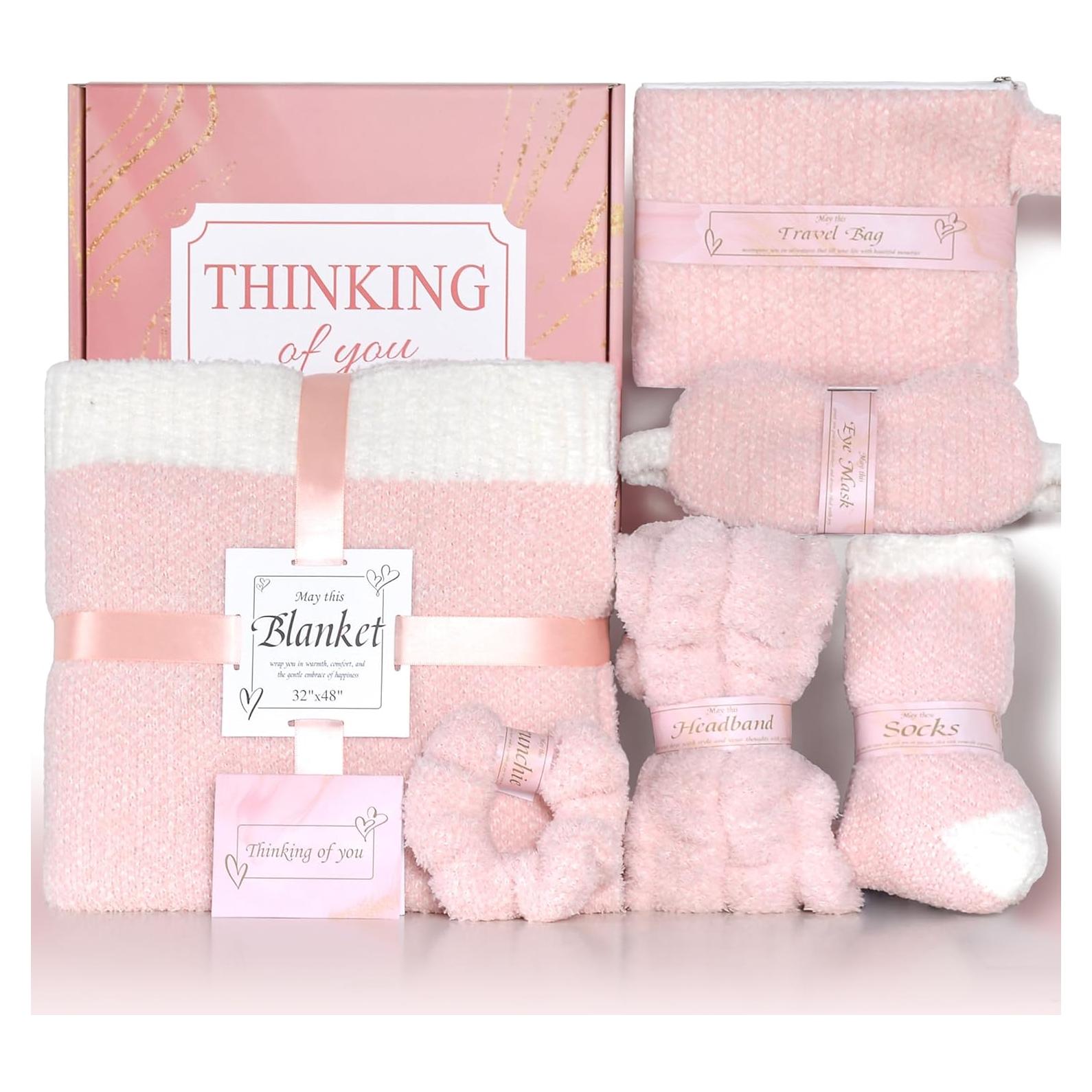 Cesta de Regalo JOOJA Rosa para Mujeres - Manta, Calcetines, Máscara