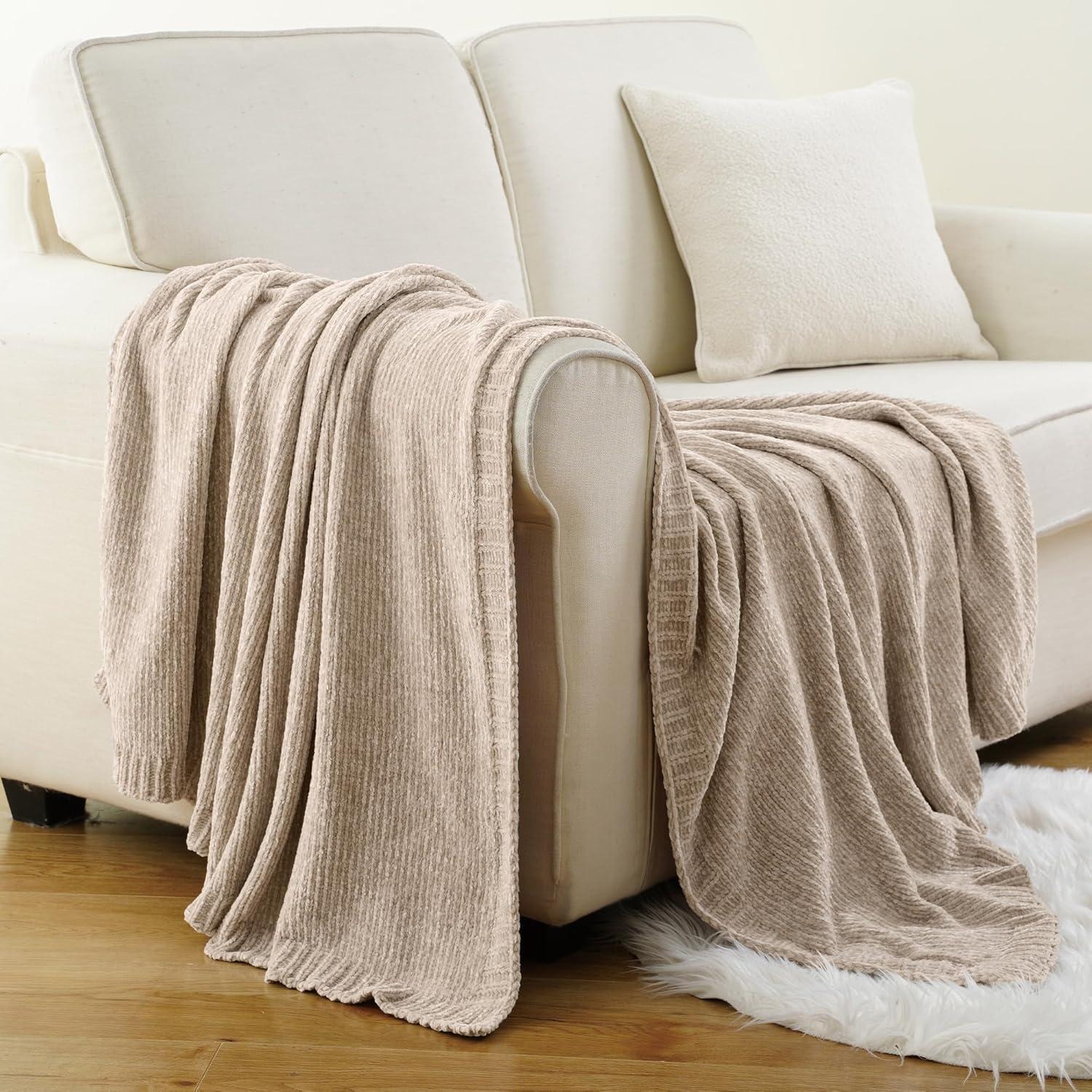 Manta de Chenille BATTILO HOME Beige 129x170 cm Suave y Ligera