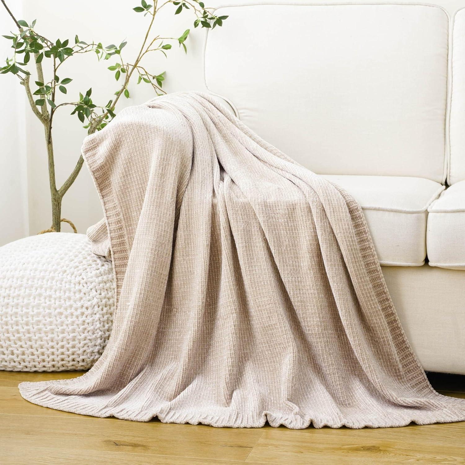 Manta de Chenille BATTILO HOME Beige 129x170 cm Suave y Ligera