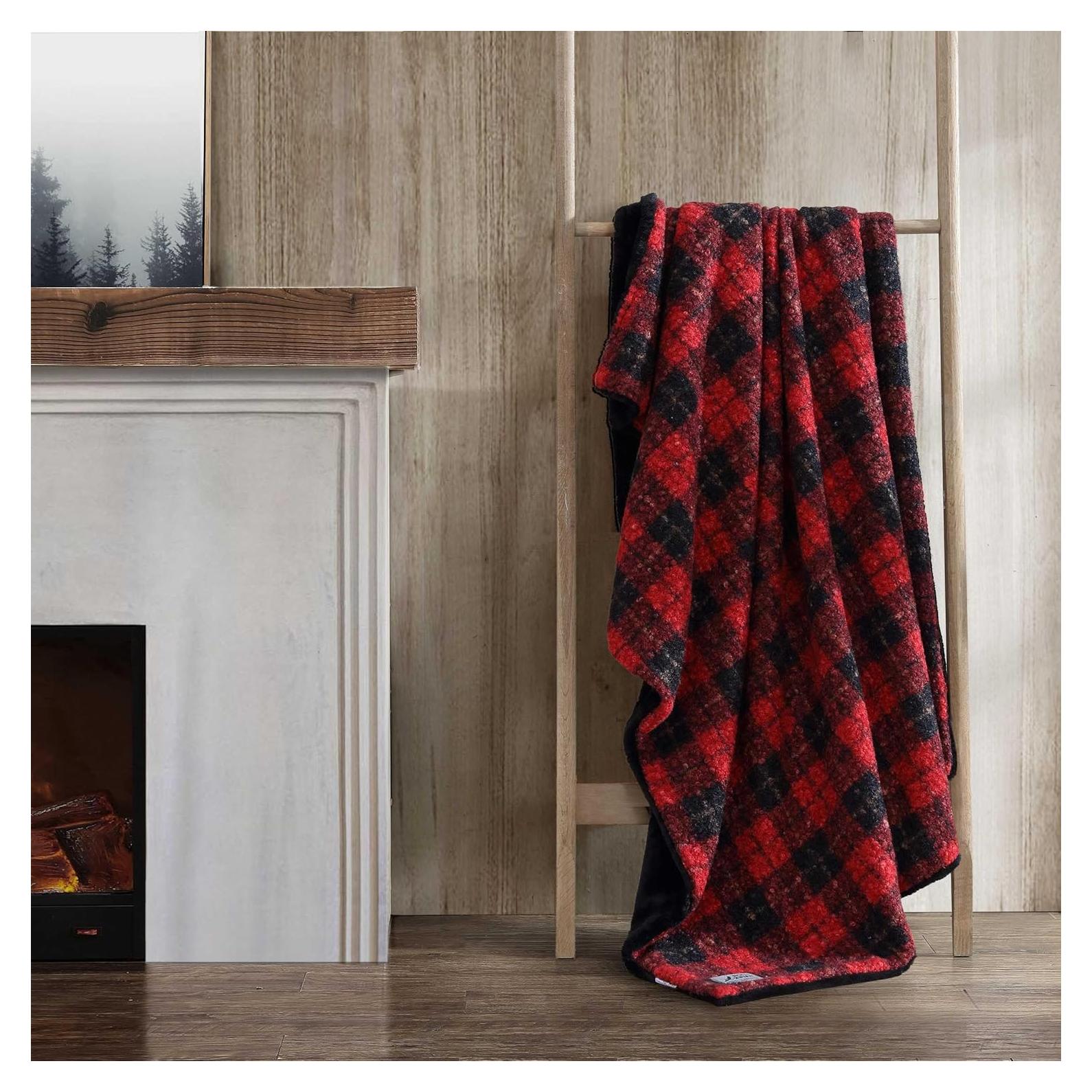 Eddie Bauer - Throw Blanket, Boucle Bedding with Faux Fur Reverse, Soft & Cozy Plaid Bedding Set (Capitol Hill Plaid Red, 50" x 70")