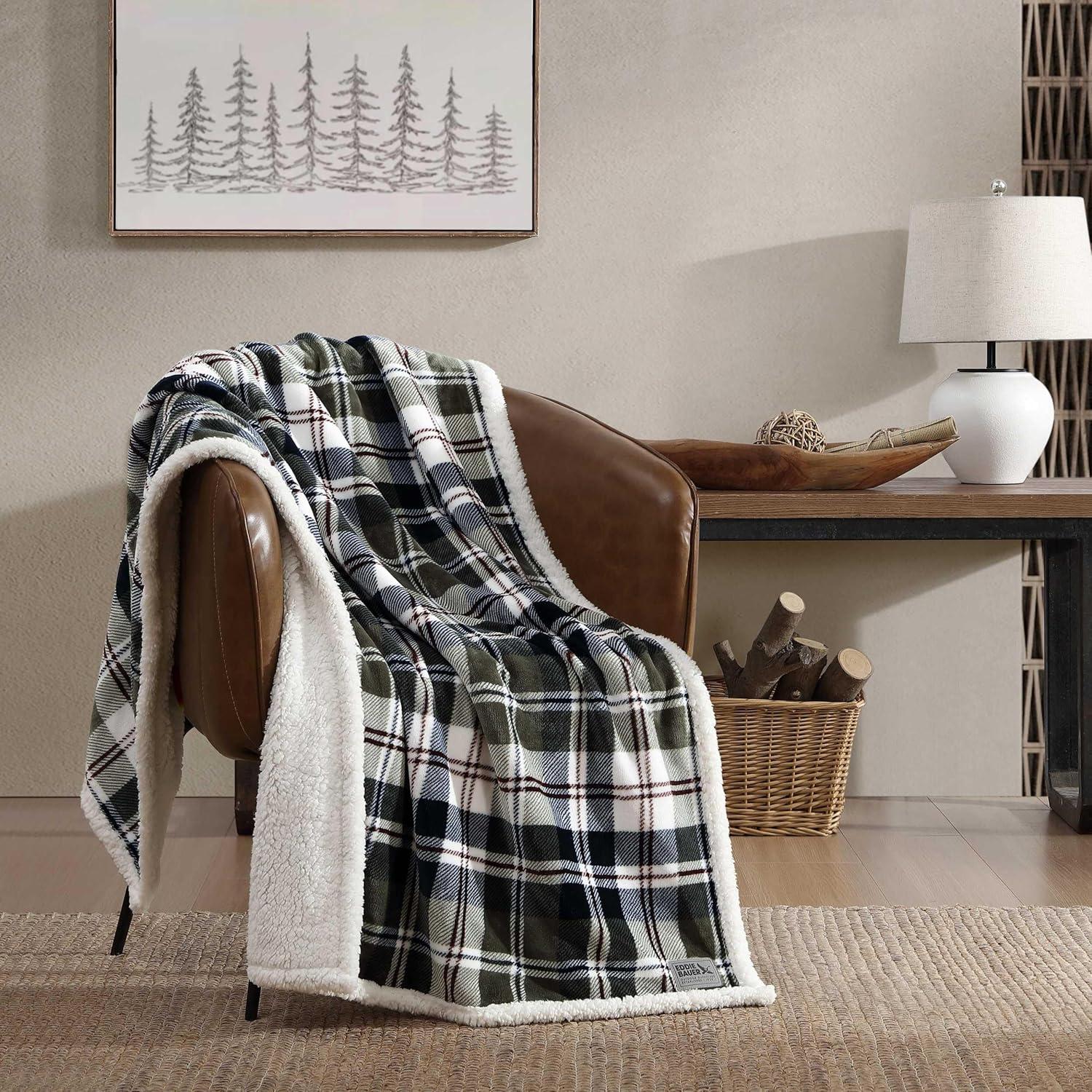 Throw Blanket, Ultra-Soft Plush Blanket with Faux Shearling Reverse, Throw Blanket for Couch & Bed (Trailhead Plaid Green, 50" x 60")