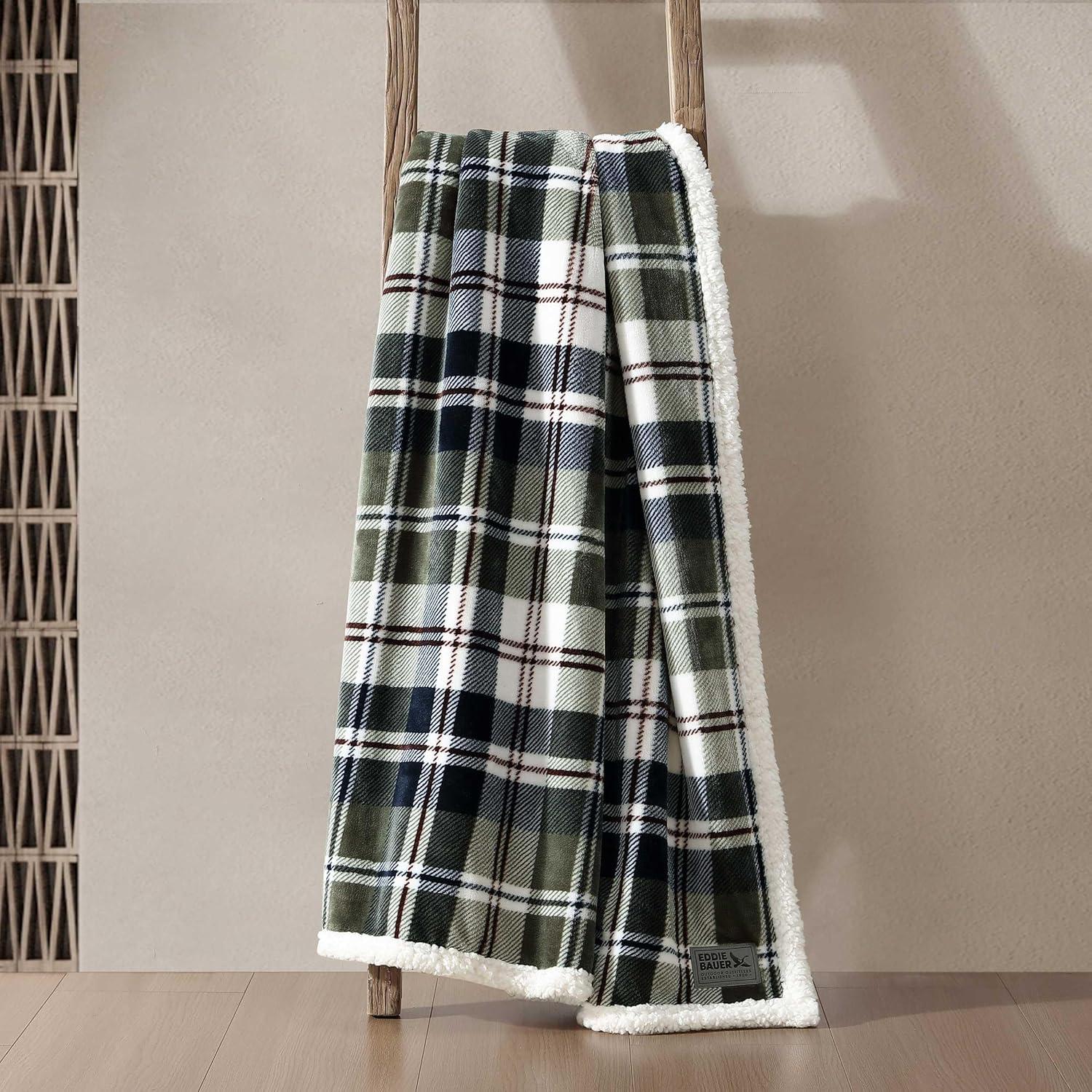 Throw Blanket, Ultra-Soft Plush Blanket with Faux Shearling Reverse, Throw Blanket for Couch & Bed (Trailhead Plaid Green, 50" x 60")