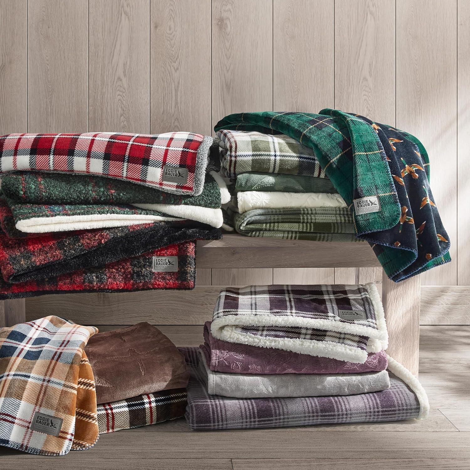 Throw Blanket, Ultra-Soft Plush Blanket with Faux Shearling Reverse, Throw Blanket for Couch & Bed (Trailhead Plaid Green, 50" x 60")