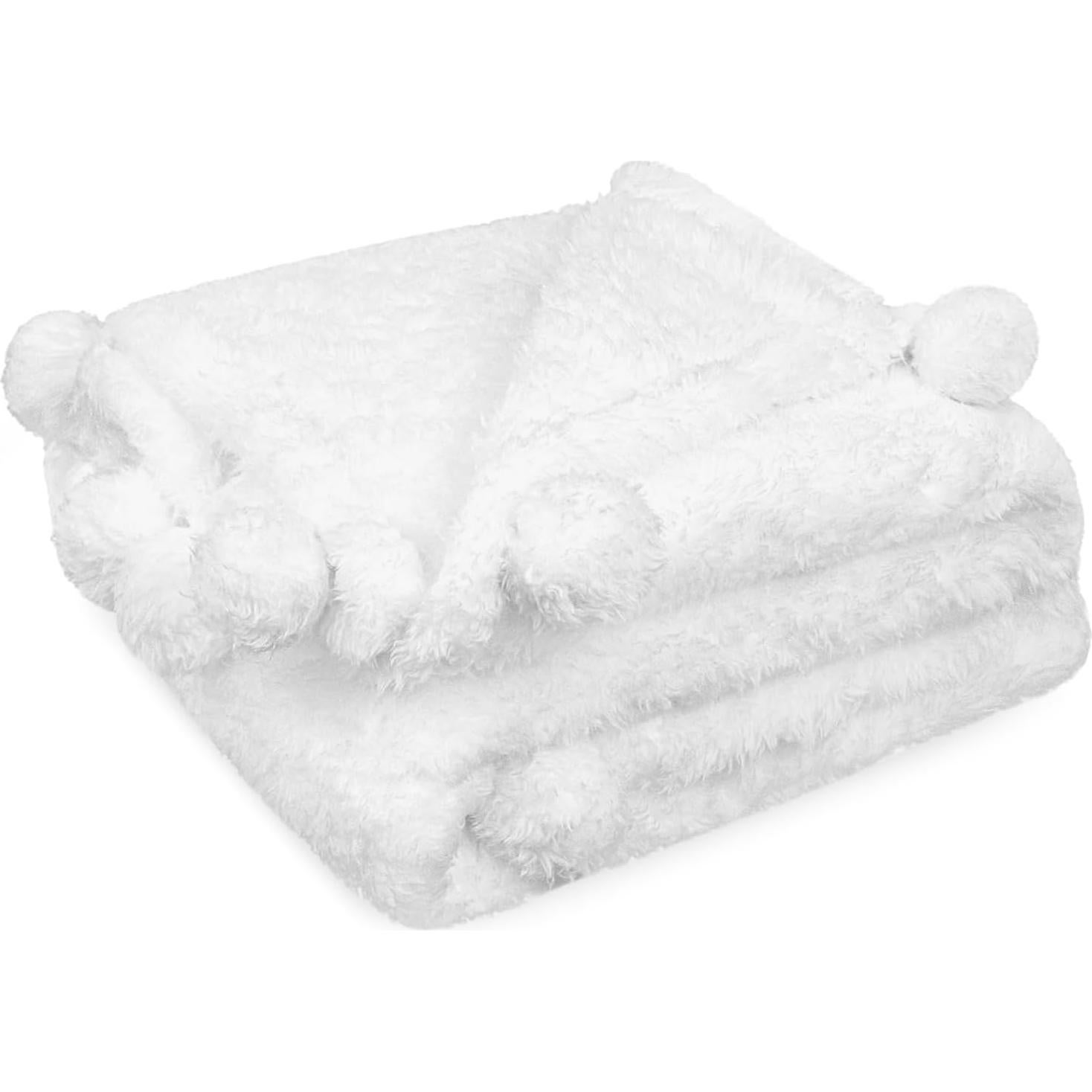 Manta Sherpa Pavilia Blanca con Pom Pom 127x152 cm Suave