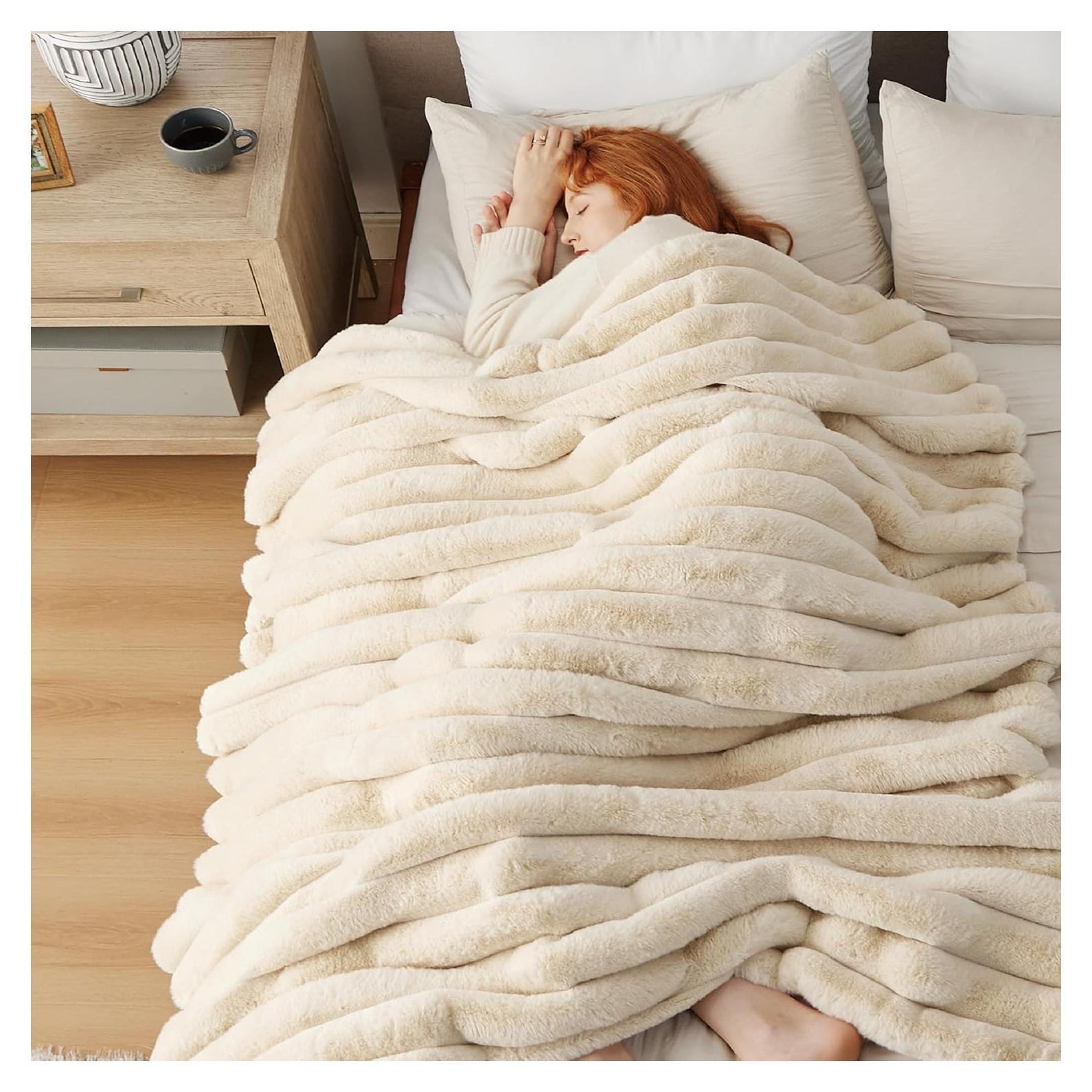 Bedsure Faux Fur Throw Blanket - Ultra GentleSoft & Fluffy, Fuzzy Luxury Throw Blanket for Couch, Sofa and Bed, Thick and Warm for Winter, Cozy Striped Decorative Gift for Women, Beige, 50x70 Inches