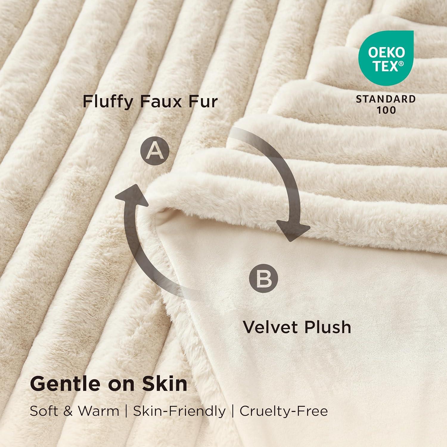 Bedsure Faux Fur Throw Blanket - Ultra GentleSoft & Fluffy, Fuzzy Luxury Throw Blanket for Couch, Sofa and Bed, Thick and Warm for Winter, Cozy Striped Decorative Gift for Women, Beige, 50x70 Inches