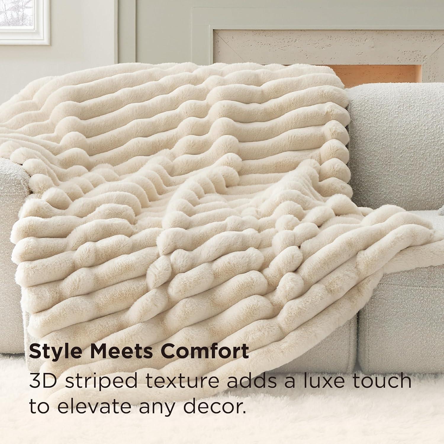 Bedsure Faux Fur Throw Blanket - Ultra GentleSoft & Fluffy, Fuzzy Luxury Throw Blanket for Couch, Sofa and Bed, Thick and Warm for Winter, Cozy Striped Decorative Gift for Women, Beige, 50x70 Inches
