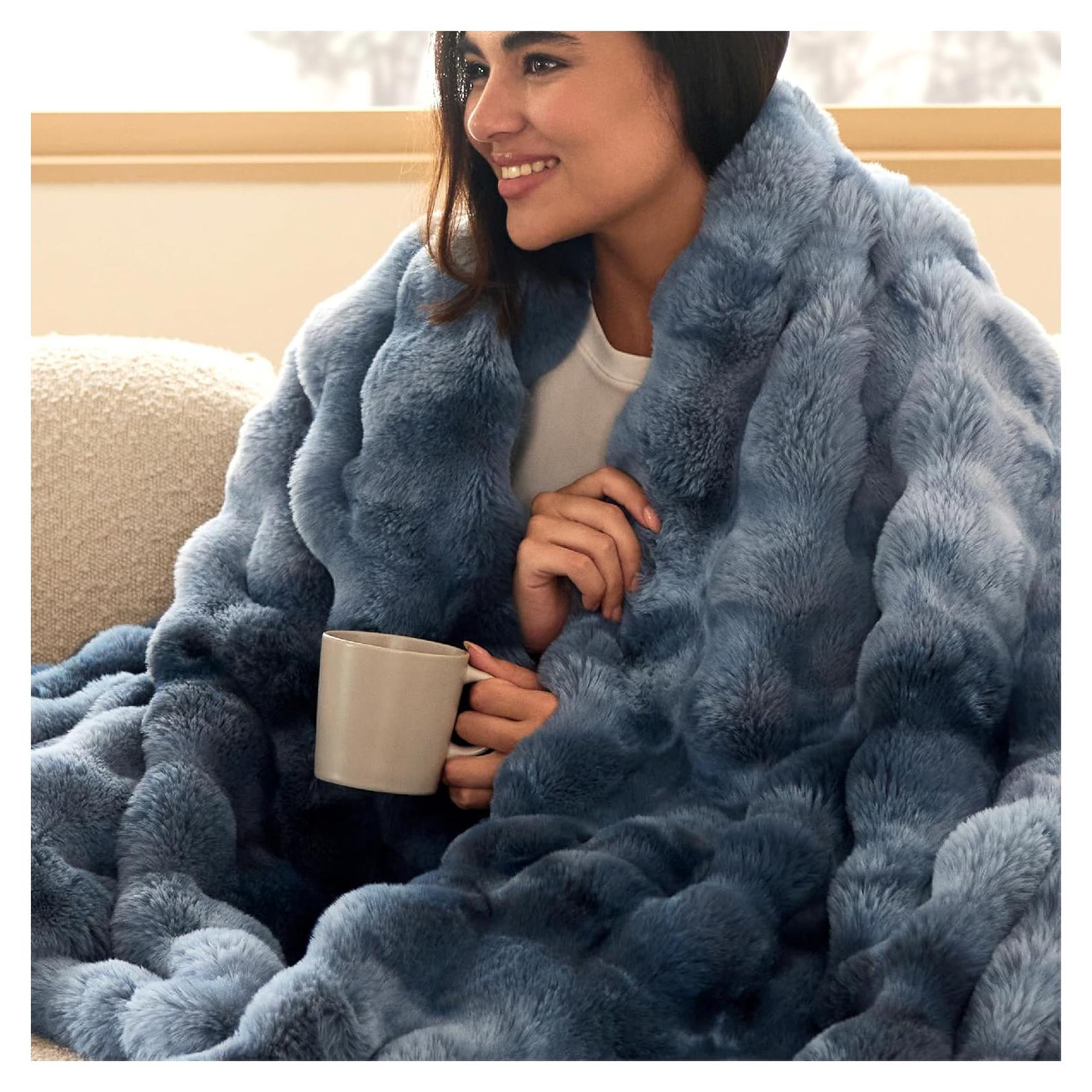 Bedsure GentleSoft Fluffy Faux Fur Throw Blanket, Fuzzy Soft Bubble Blanket for Couch, Faux Fur Decor for Home Bedroom Living Room, Thick Warm Furry Cozy Gifts for Women, Tie-dye Blue, 50x60 Inch