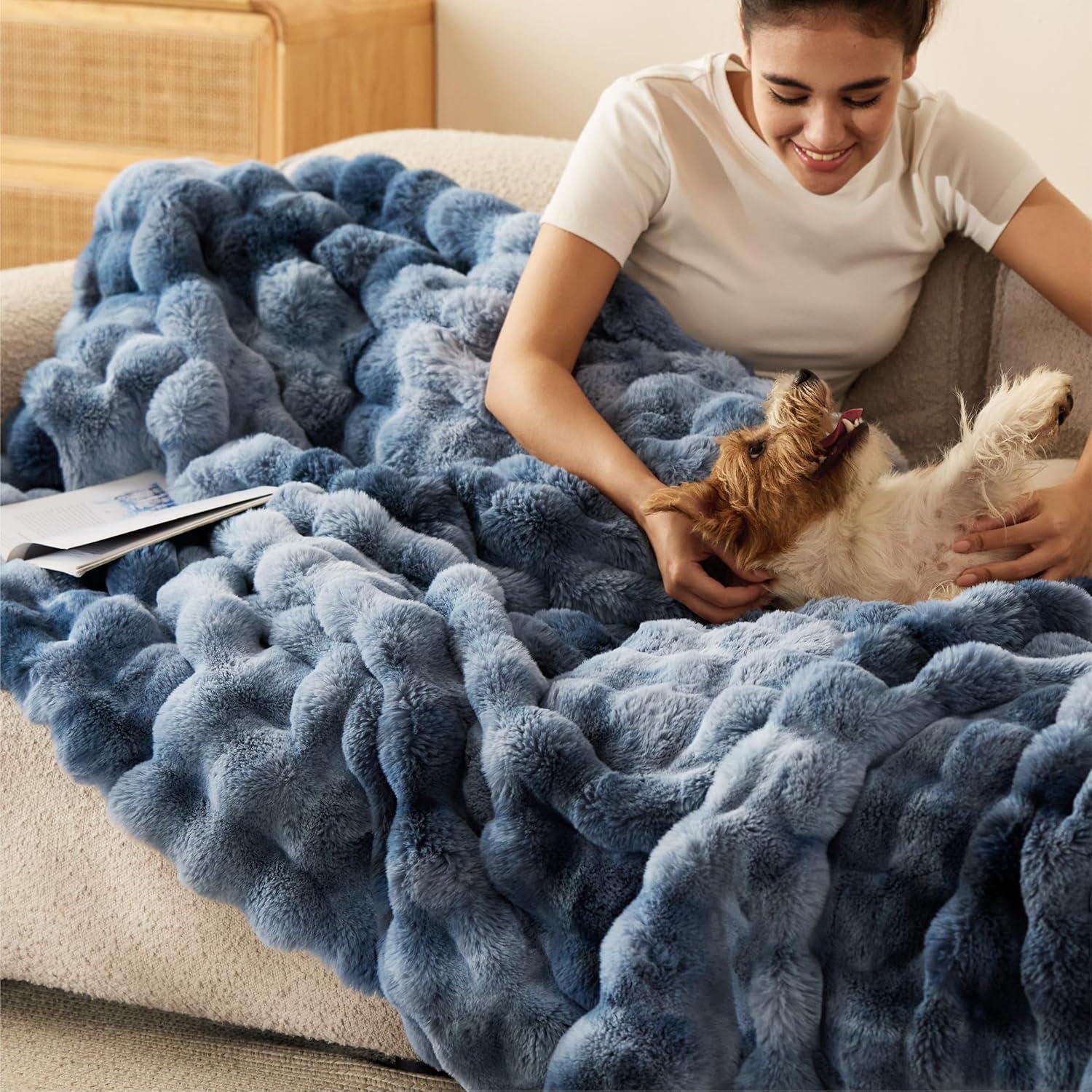 Bedsure GentleSoft Fluffy Faux Fur Throw Blanket, Fuzzy Soft Bubble Blanket for Couch, Faux Fur Decor for Home Bedroom Living Room, Thick Warm Furry Cozy Gifts for Women, Tie-dye Blue, 50x60 Inch