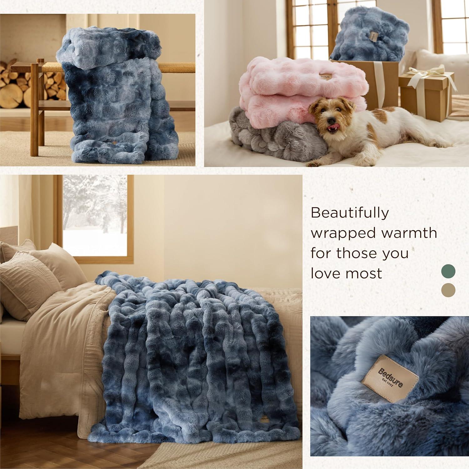 Bedsure GentleSoft Fluffy Faux Fur Throw Blanket, Fuzzy Soft Bubble Blanket for Couch, Faux Fur Decor for Home Bedroom Living Room, Thick Warm Furry Cozy Gifts for Women, Tie-dye Blue, 50x60 Inch
