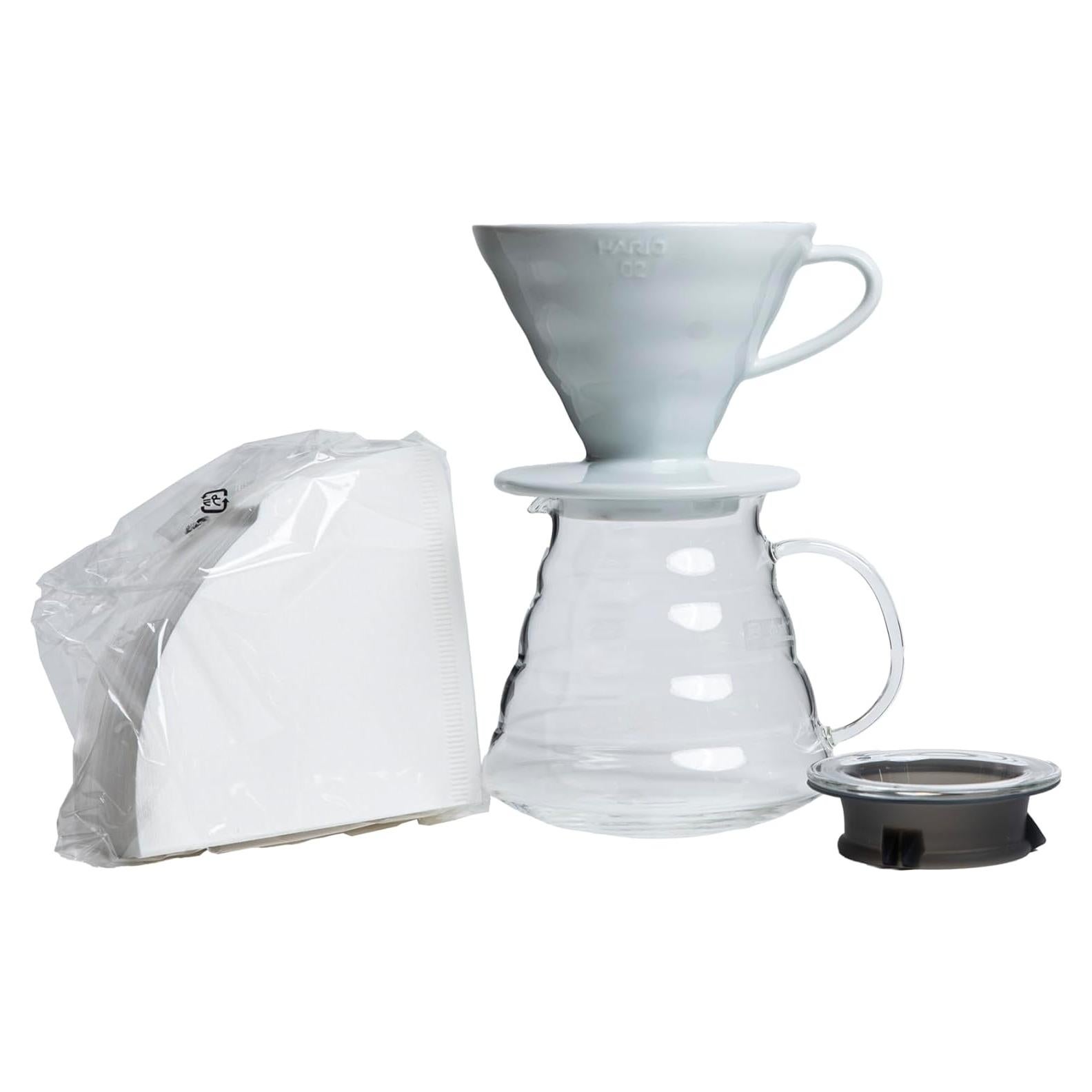 Kit de Café por Goteo Hario V60 - Dripper Cerámica, Jarra Vidrio 600ml, 100 Filtros