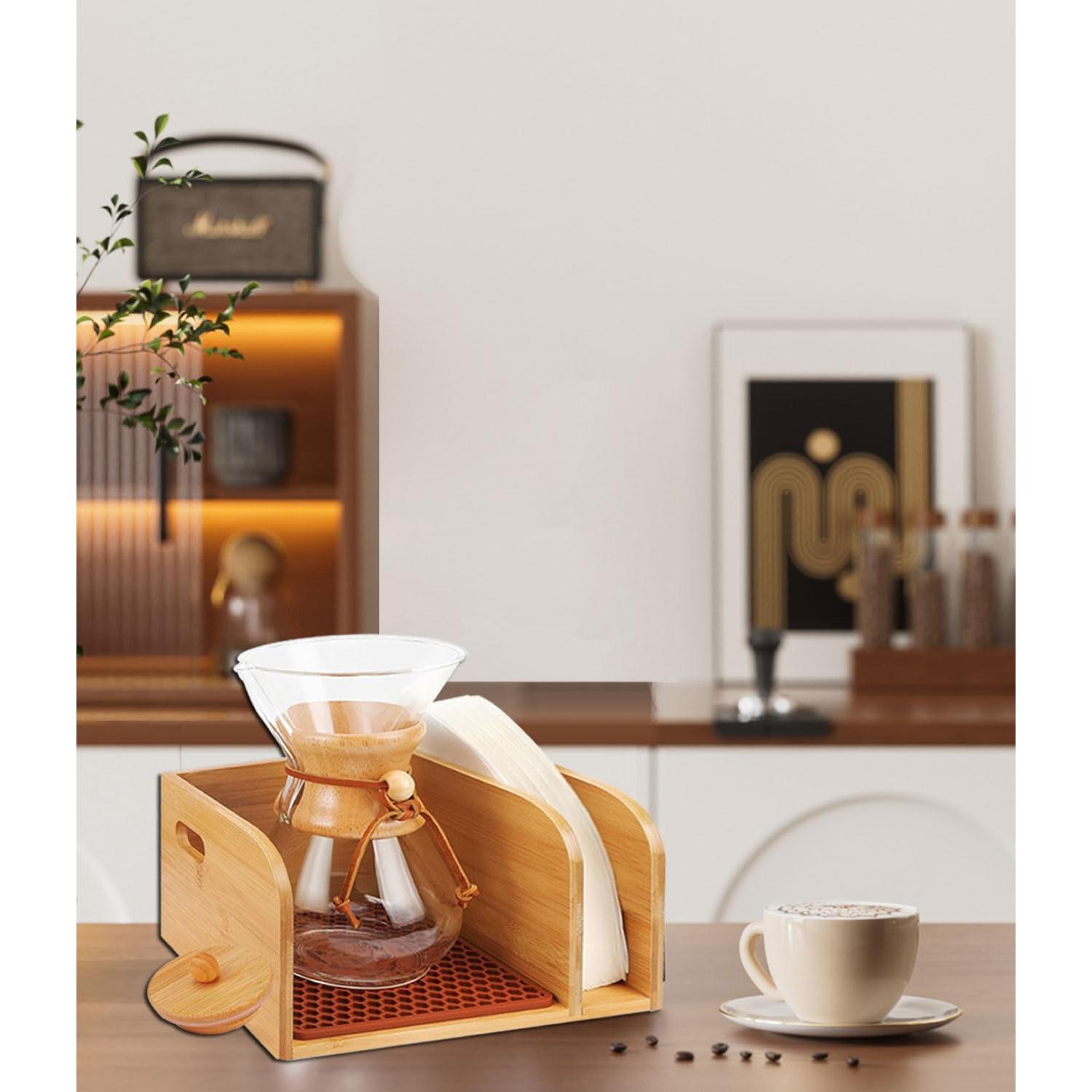 Caddy de Bambú con Tapa y Alfombrilla para Cafeteras Chemex