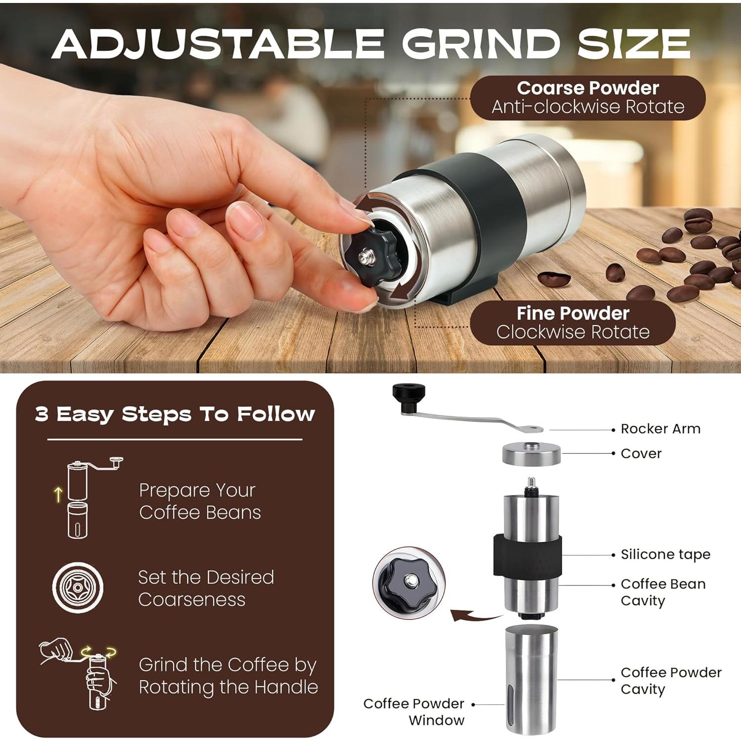 Molino de Café Manual KokoBean - Acero Inoxidable, 18 Ajustes