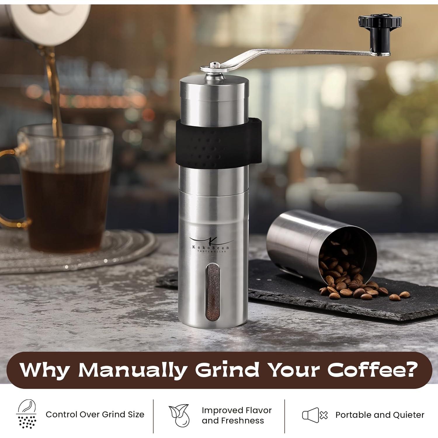 Molino de Café Manual KokoBean - Acero Inoxidable, 18 Ajustes