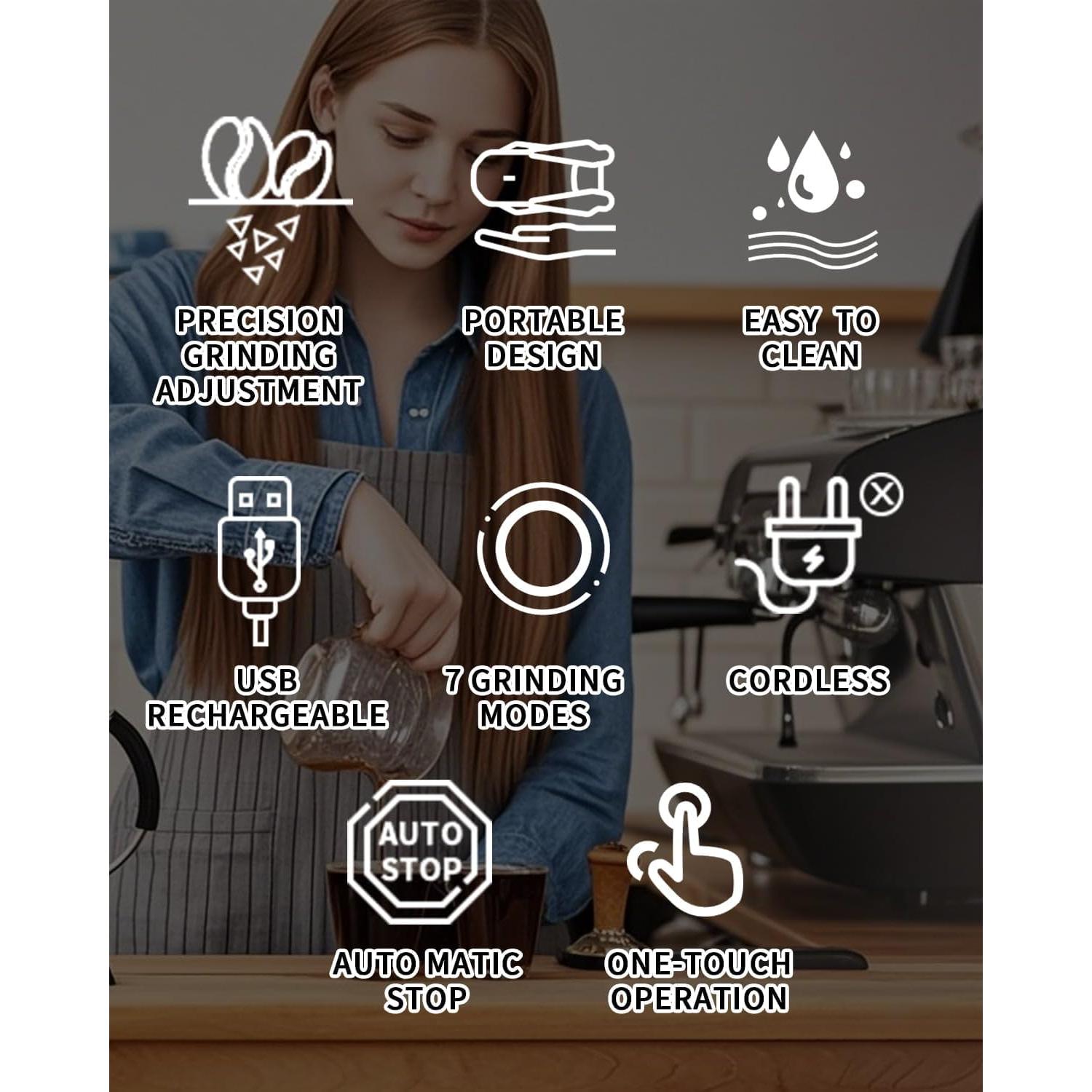 Molinillo de café eléctrico portátil Kawu, recargable USB, 7 niveles