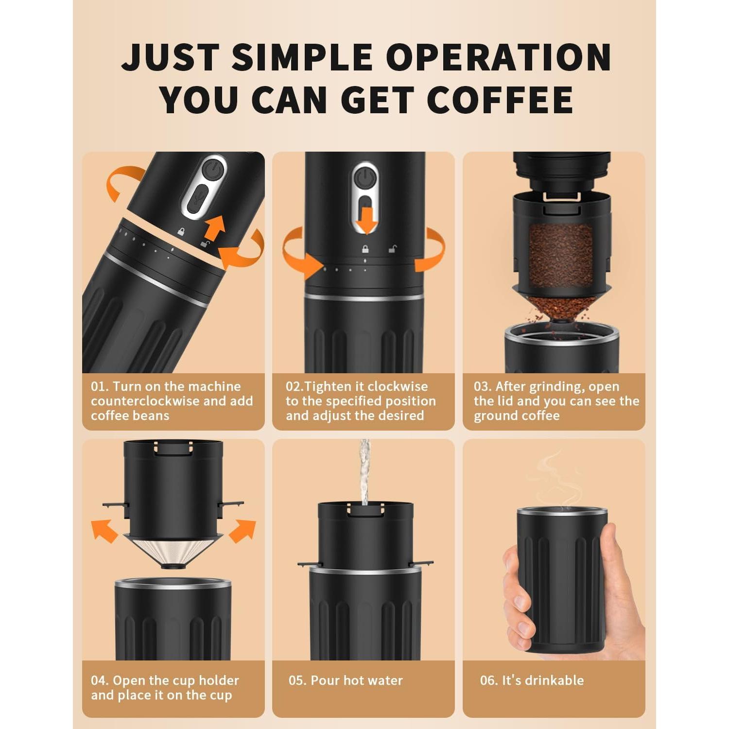 Molinillo de café eléctrico portátil Kawu, recargable USB, 7 niveles