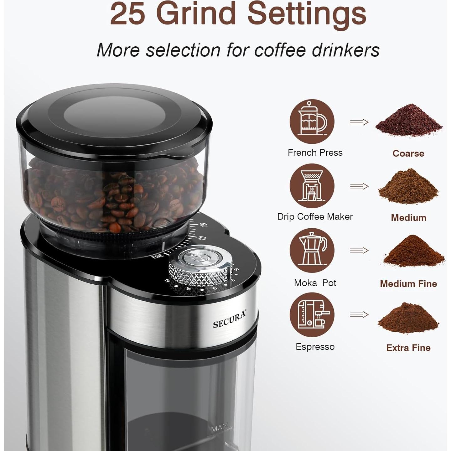 Molino de Café Secura Eléctrico con Muela Cónica 25 Ajustes