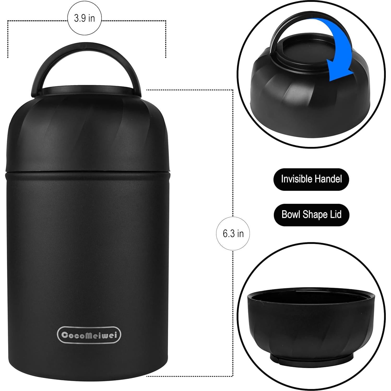 Termo Aislado para Comida CocoMeiwei 0.5L Negro con Cuchara