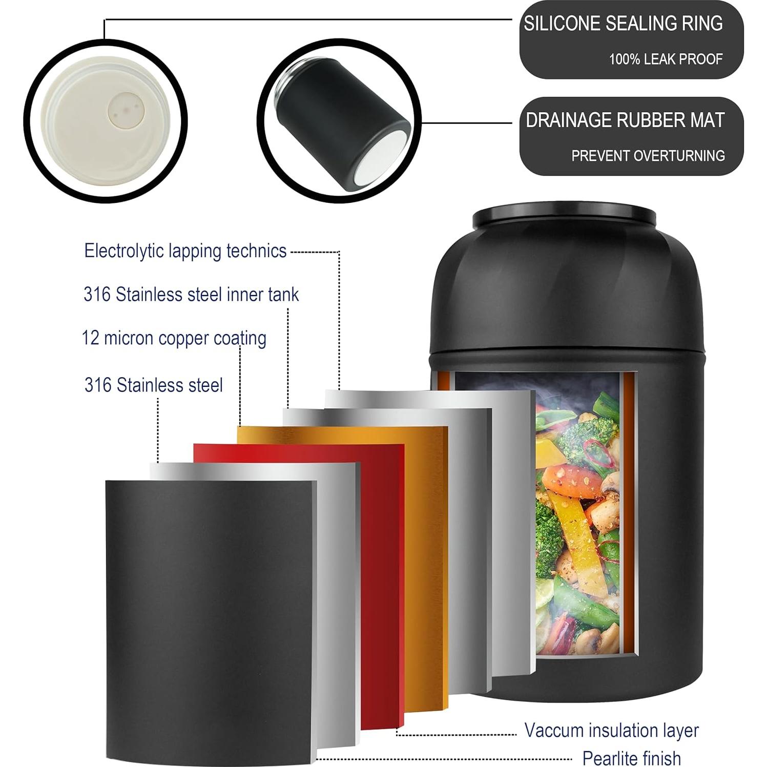 Termo Aislado para Comida CocoMeiwei 0.5L Negro con Cuchara