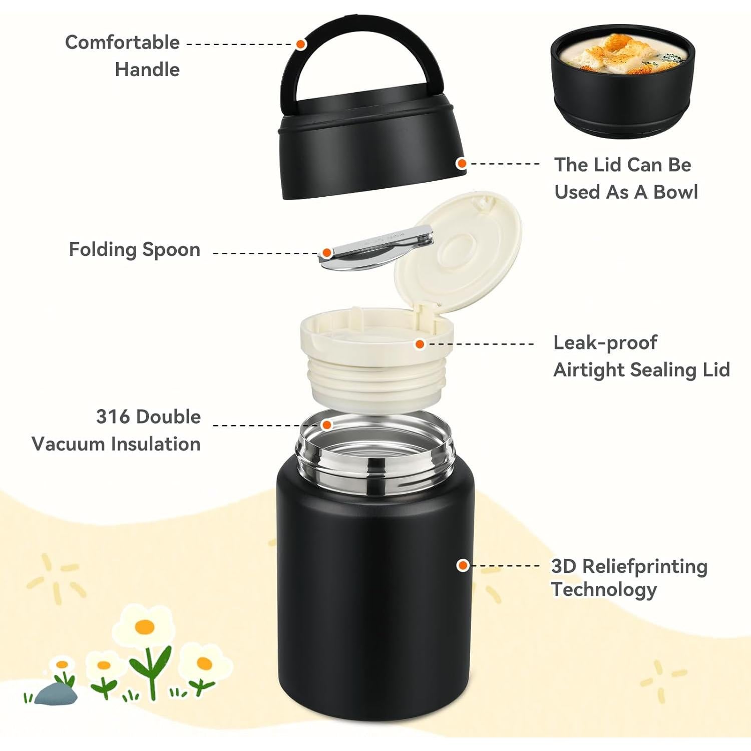 Termo de comida aislado Aimsnk 500ml con cuchara plegable negro