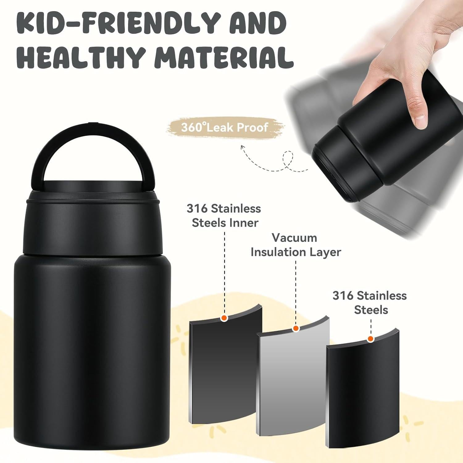 Termo de comida aislado Aimsnk 500ml con cuchara plegable negro