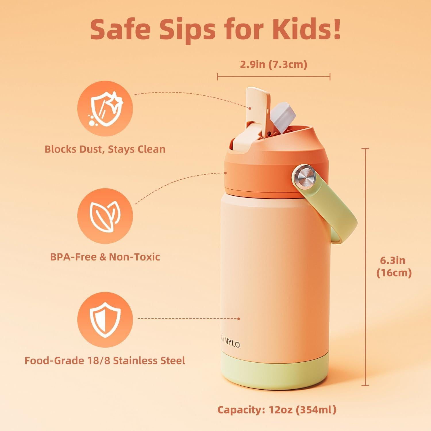 Botella de Agua Aislada RAYMYLO 354 ml para Niños con Pajilla