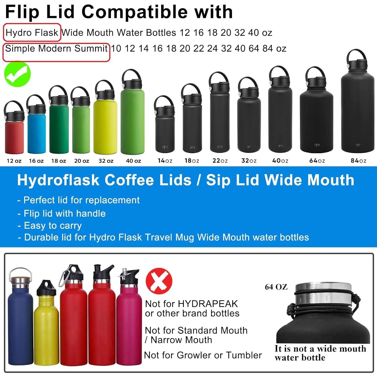 Tapa Abatible KMN para Hydro Flask Boca Ancha - 2 Paquete