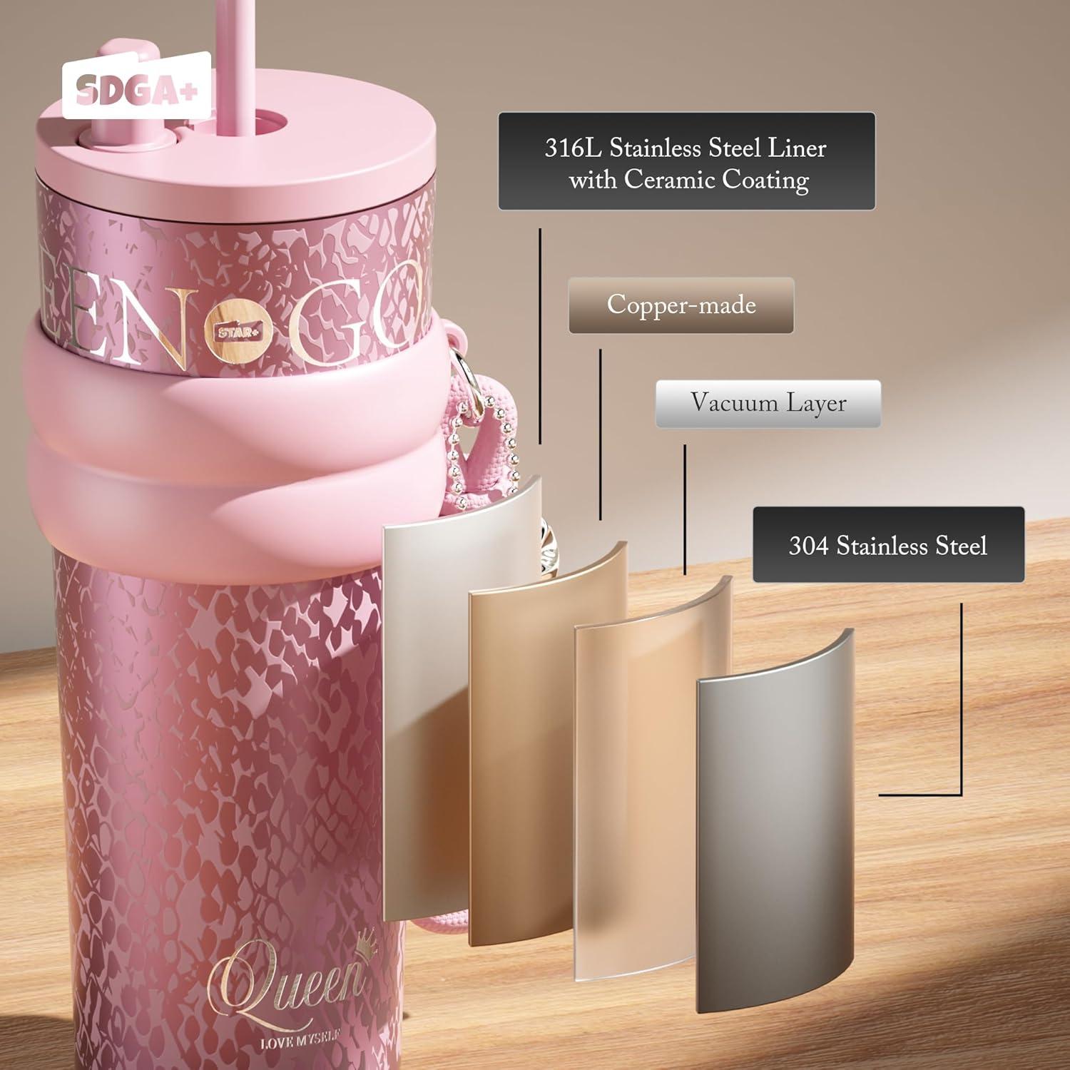 Vaso Aislado 710 ml SDGA+ Rosa con Tapa y Pajilla Antifugas