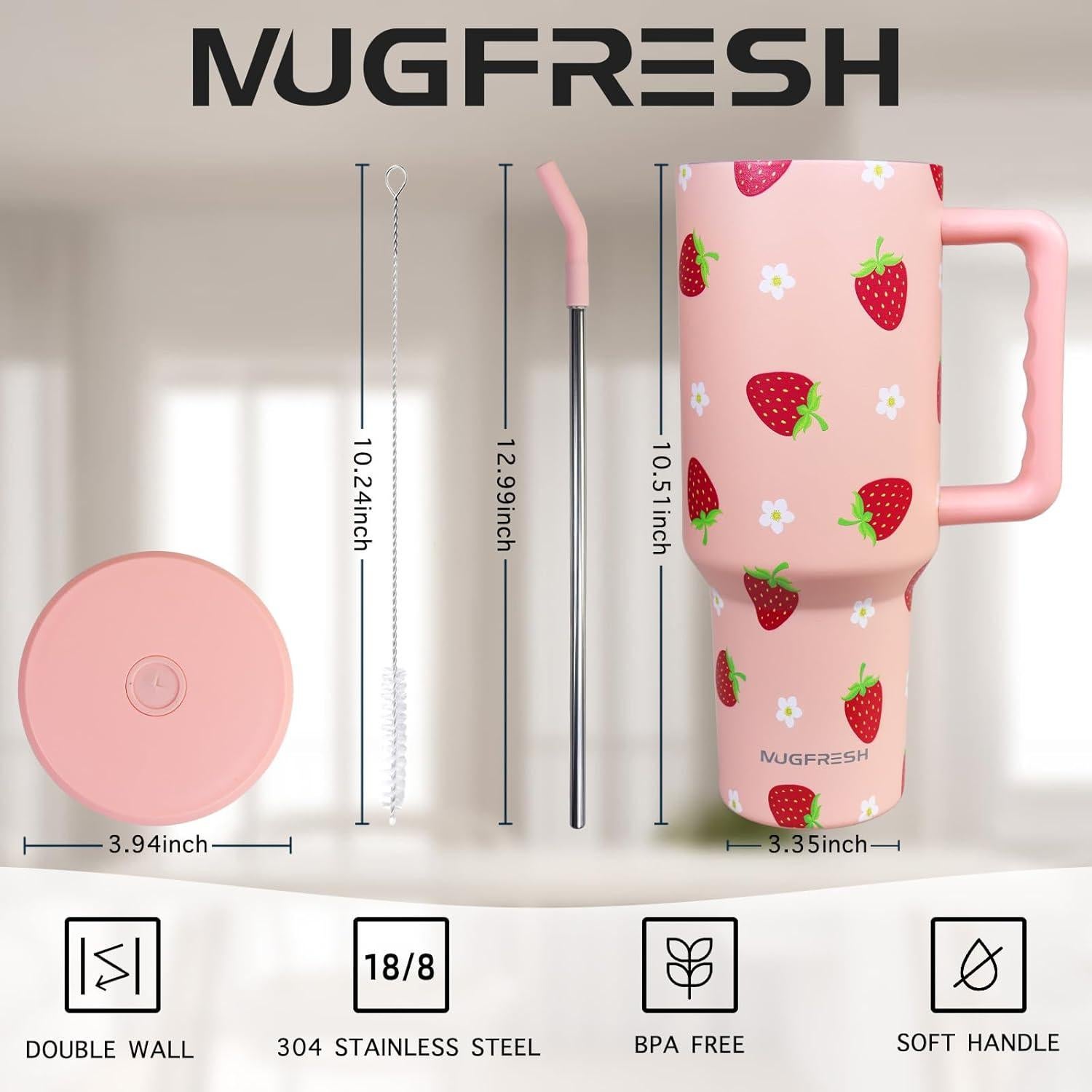 Taza de 1.2 L MugFresh fresa con popote y tapa aislante