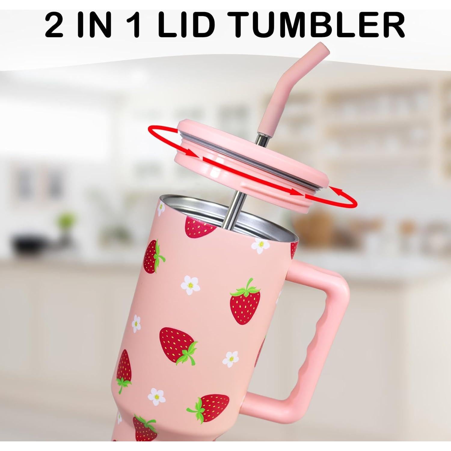 Taza de 1.2 L MugFresh fresa con popote y tapa aislante