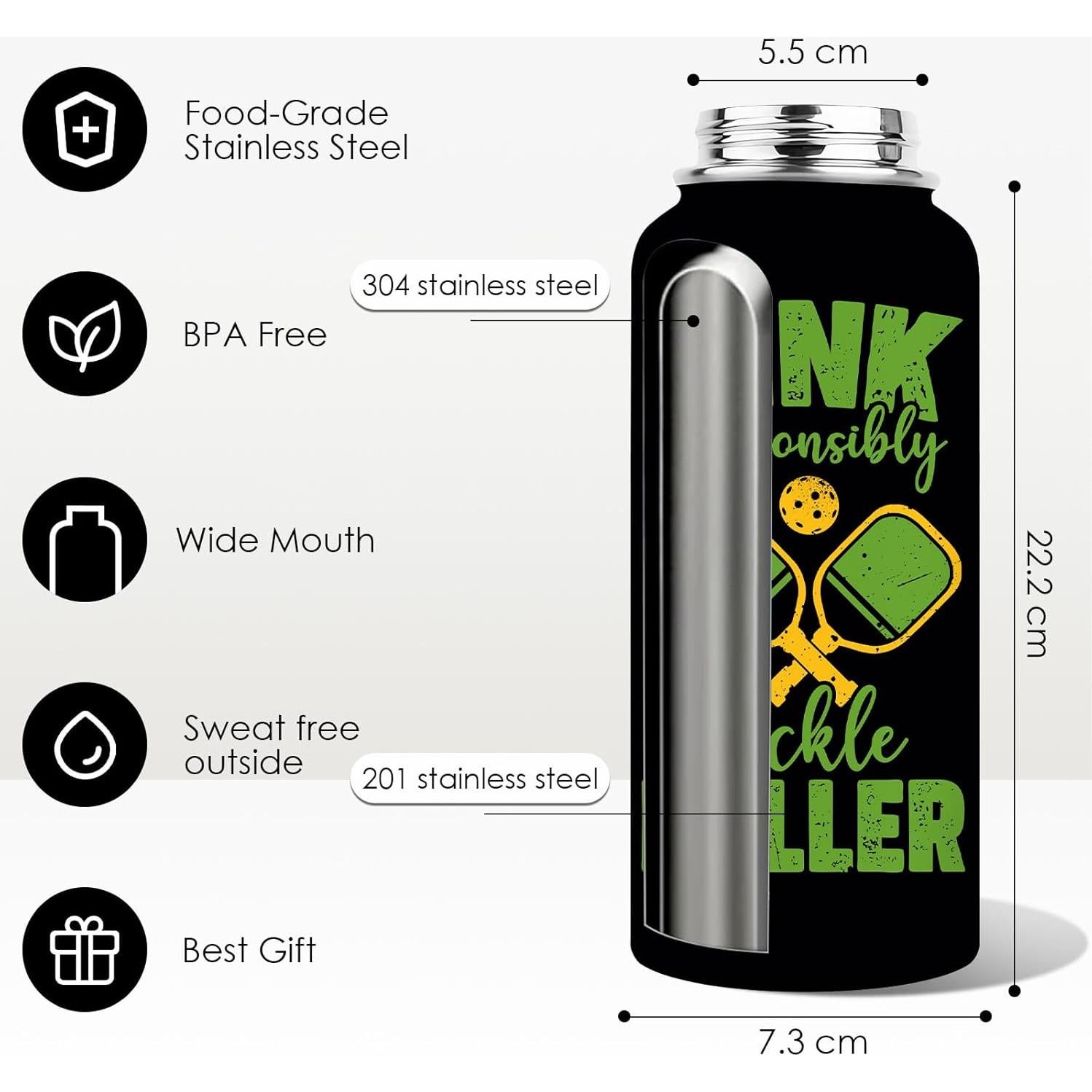 Botella de Agua Aislada WWHSAI 32oz - Acero Inoxidable Negro