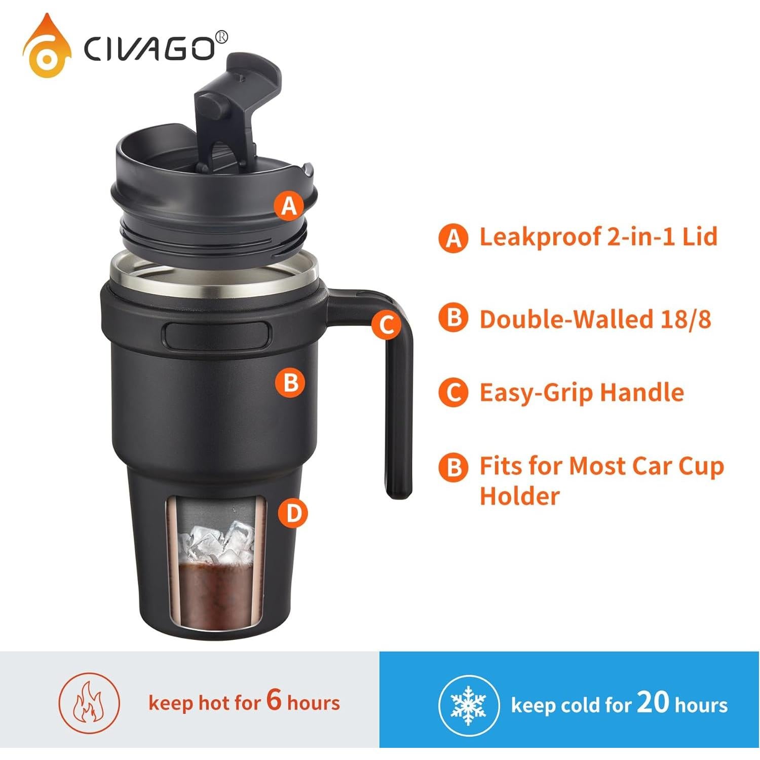 Taza de café aislada CIVAGO 20 oz con tapa y popote negra