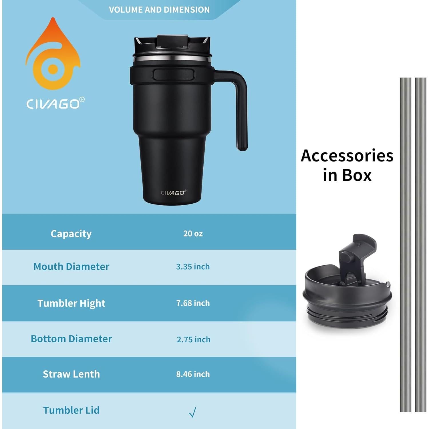 Taza de café aislada CIVAGO 20 oz con tapa y popote negra