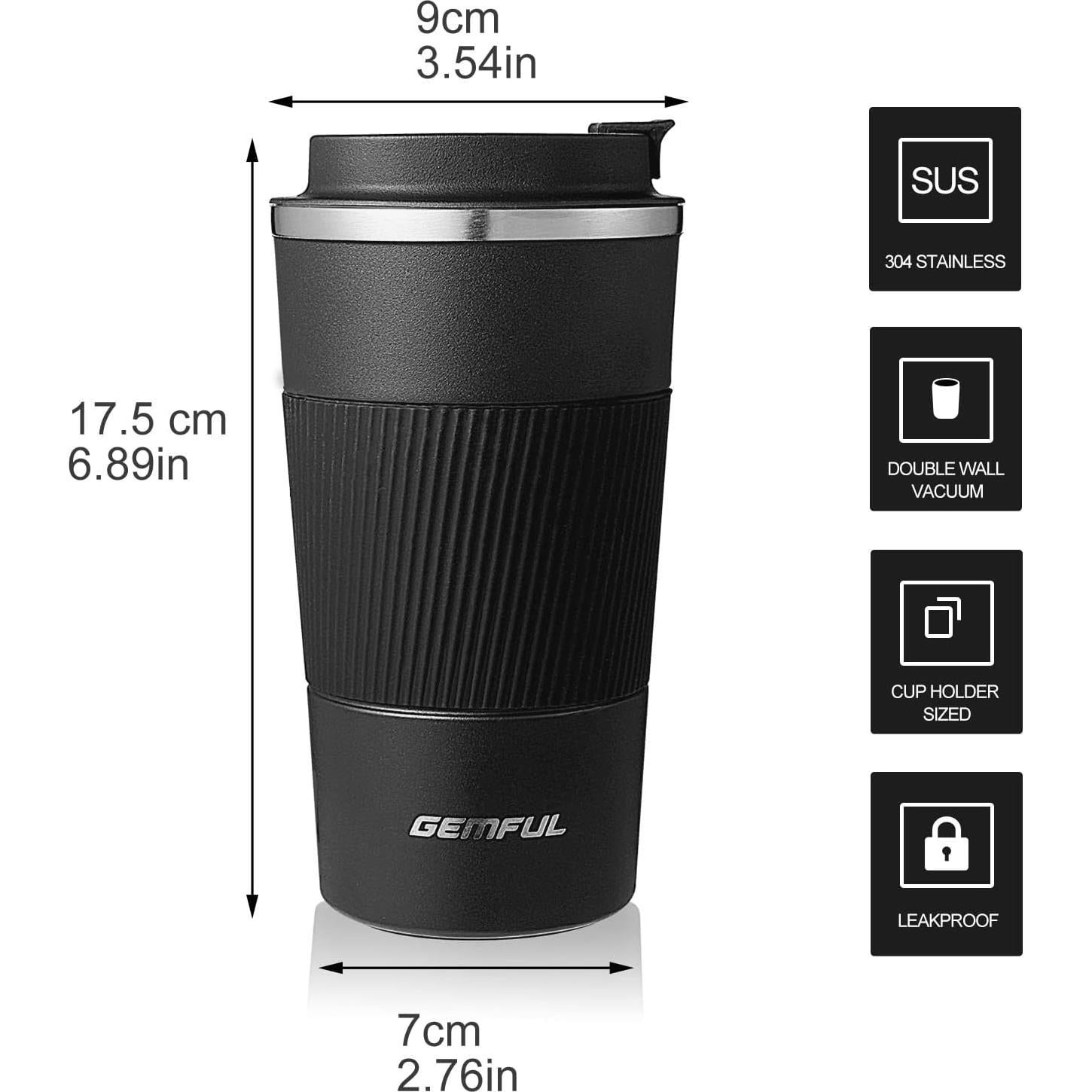 Taza de Café de Viaje GEMFUL 17oz Acero Inoxidable Aislada