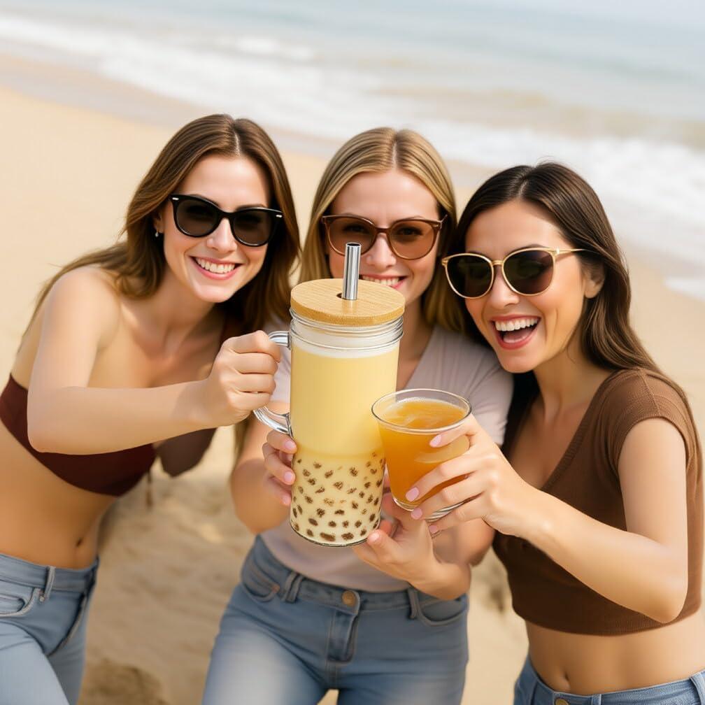 Vasos de vidrio 24 oz con tapa y popote Fragscen - Paquete de 4