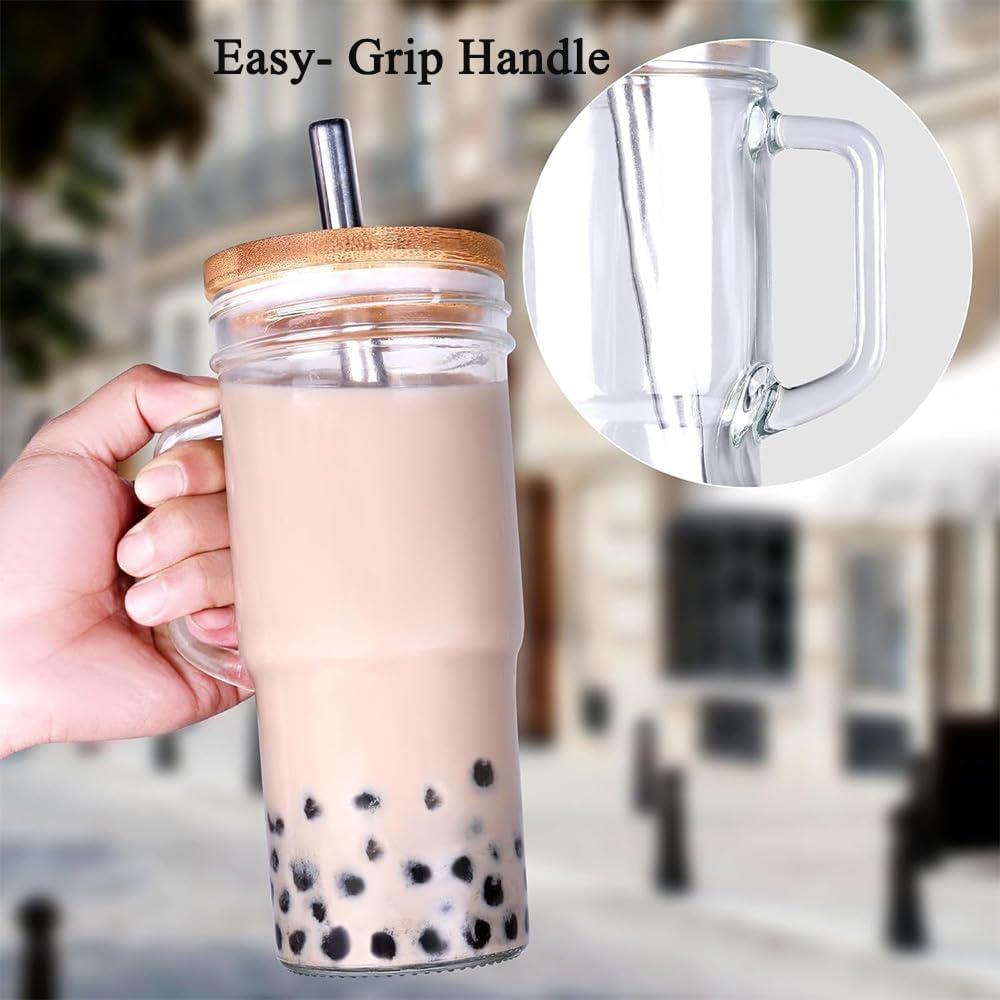 Vasos de vidrio 24 oz con tapa y popote Fragscen - Paquete de 4