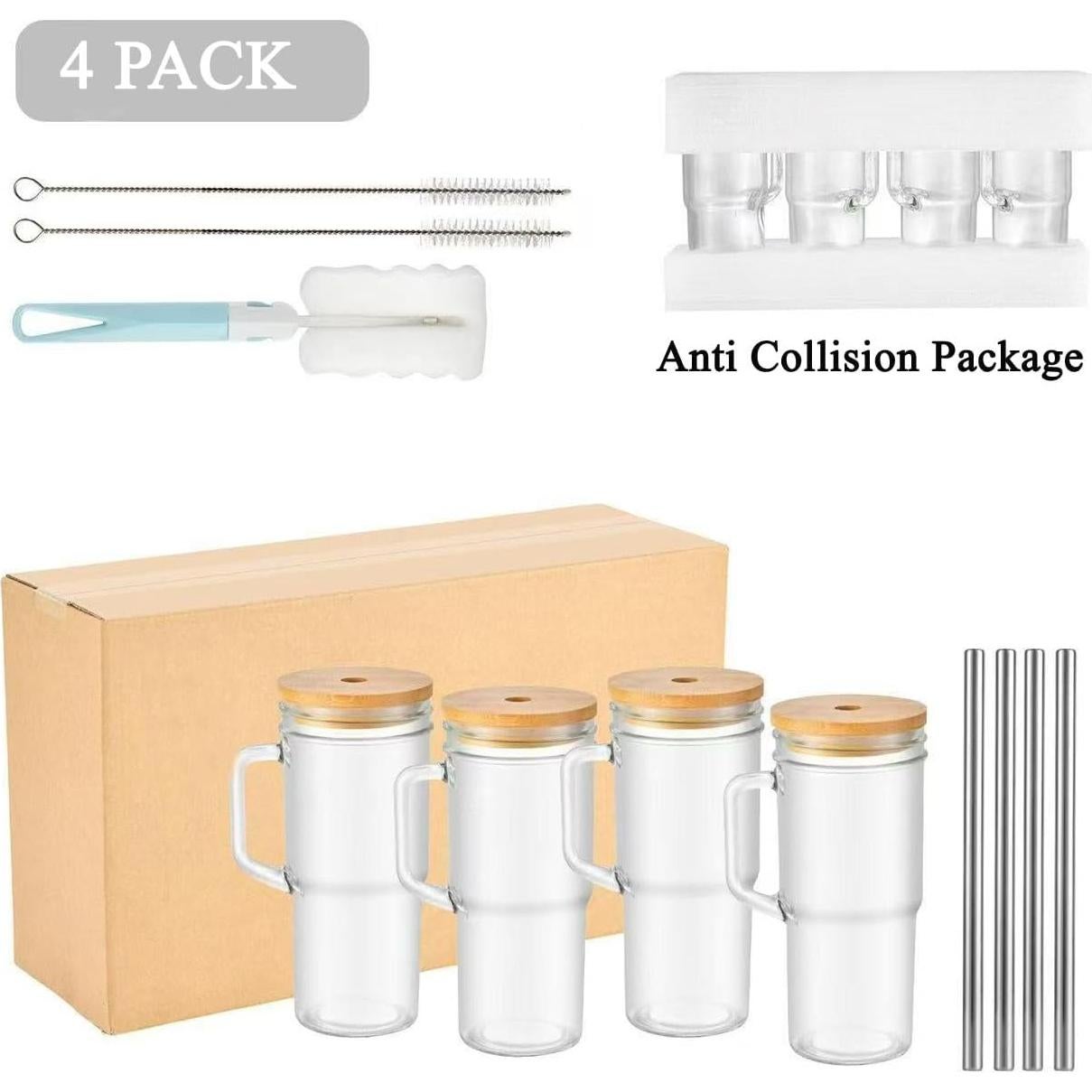 Vasos de vidrio 24 oz con tapa y popote Fragscen - Paquete de 4