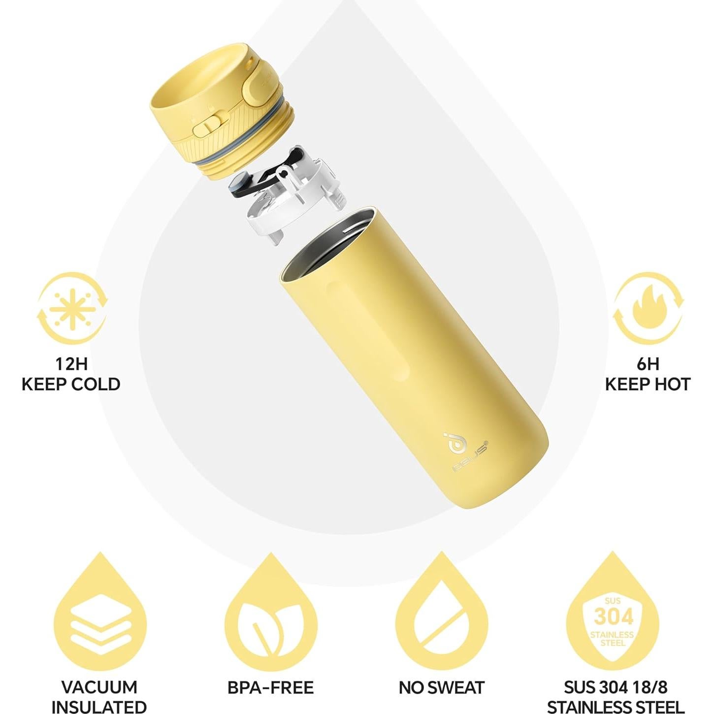 Botella de Agua Aislada IDEUS 500 ml Amarillo Claro Tapa de Tornillo
